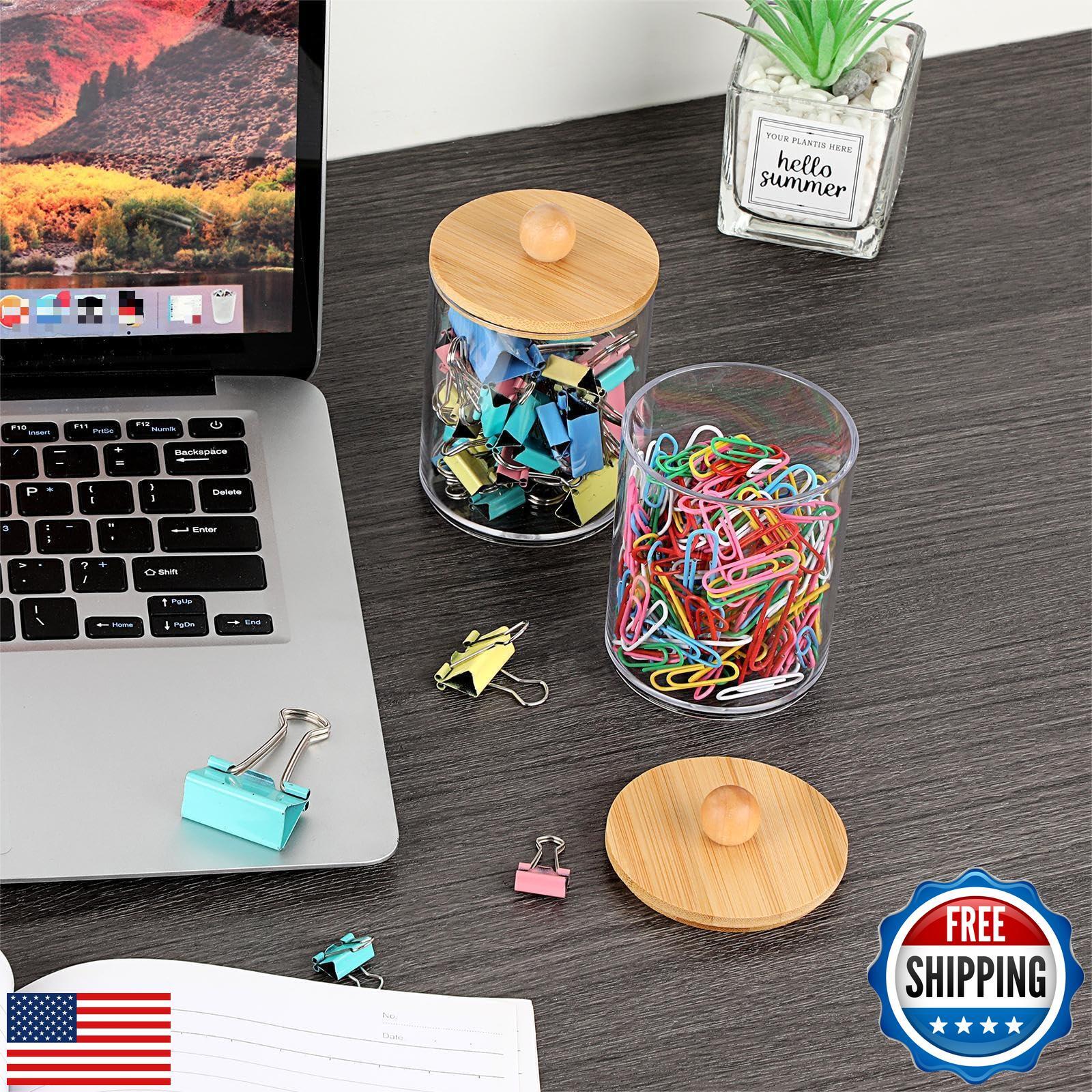 BTSKY 4 Pack PaperClip Holders with Bamboo Lid, Round Binder Holder for Desk,