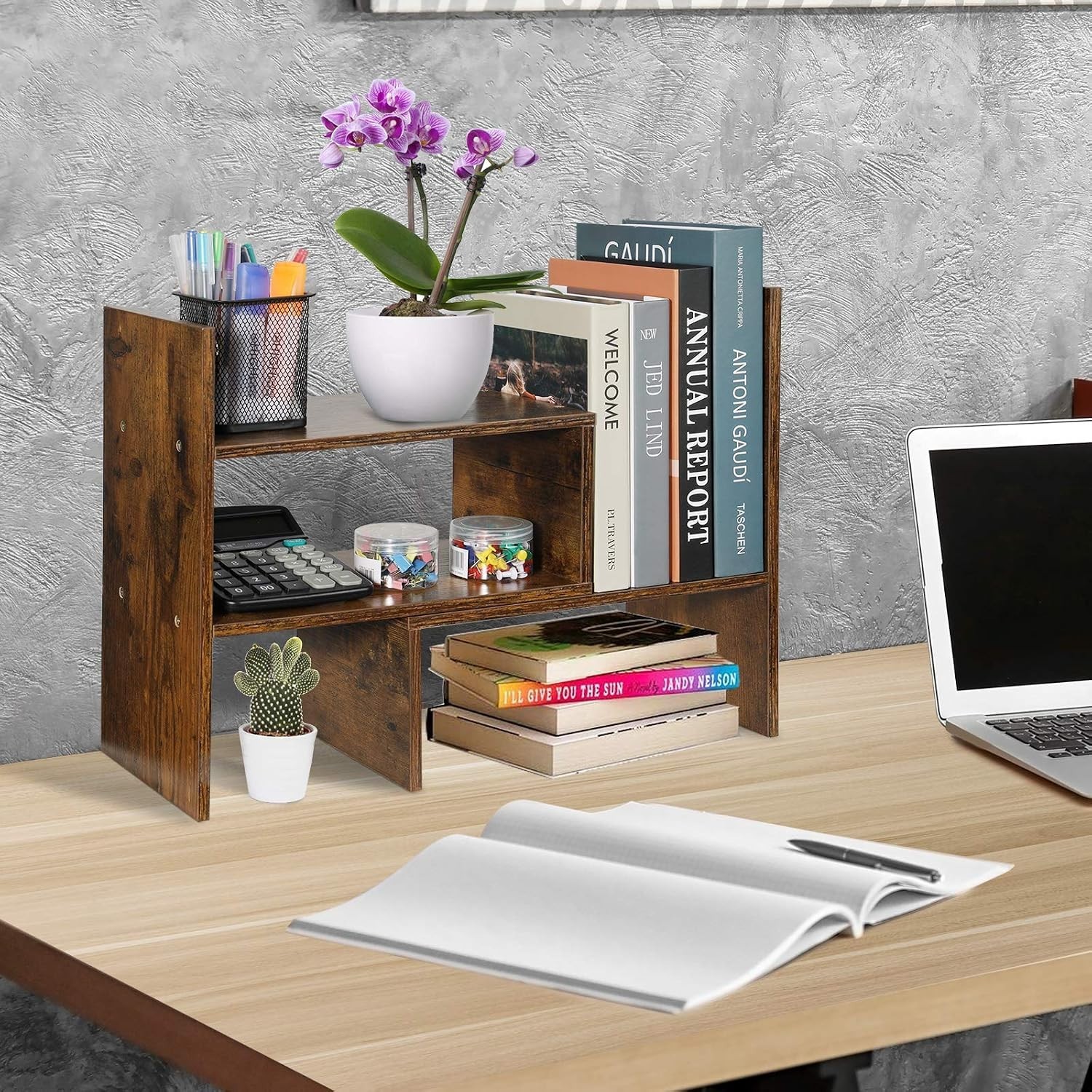 Expandable Wood Desktop Bookshelf – Minimalist Adjustable Organizer for Offices