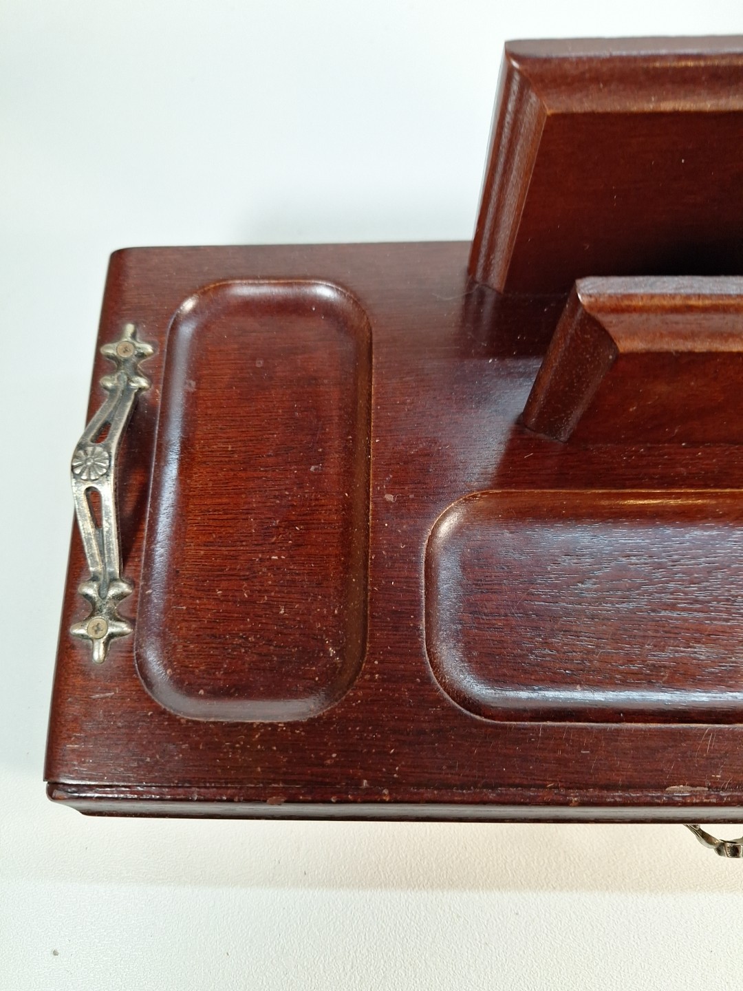 Vintage Wooden Desk Organizer With Metal Handle & Compartment/Drawer