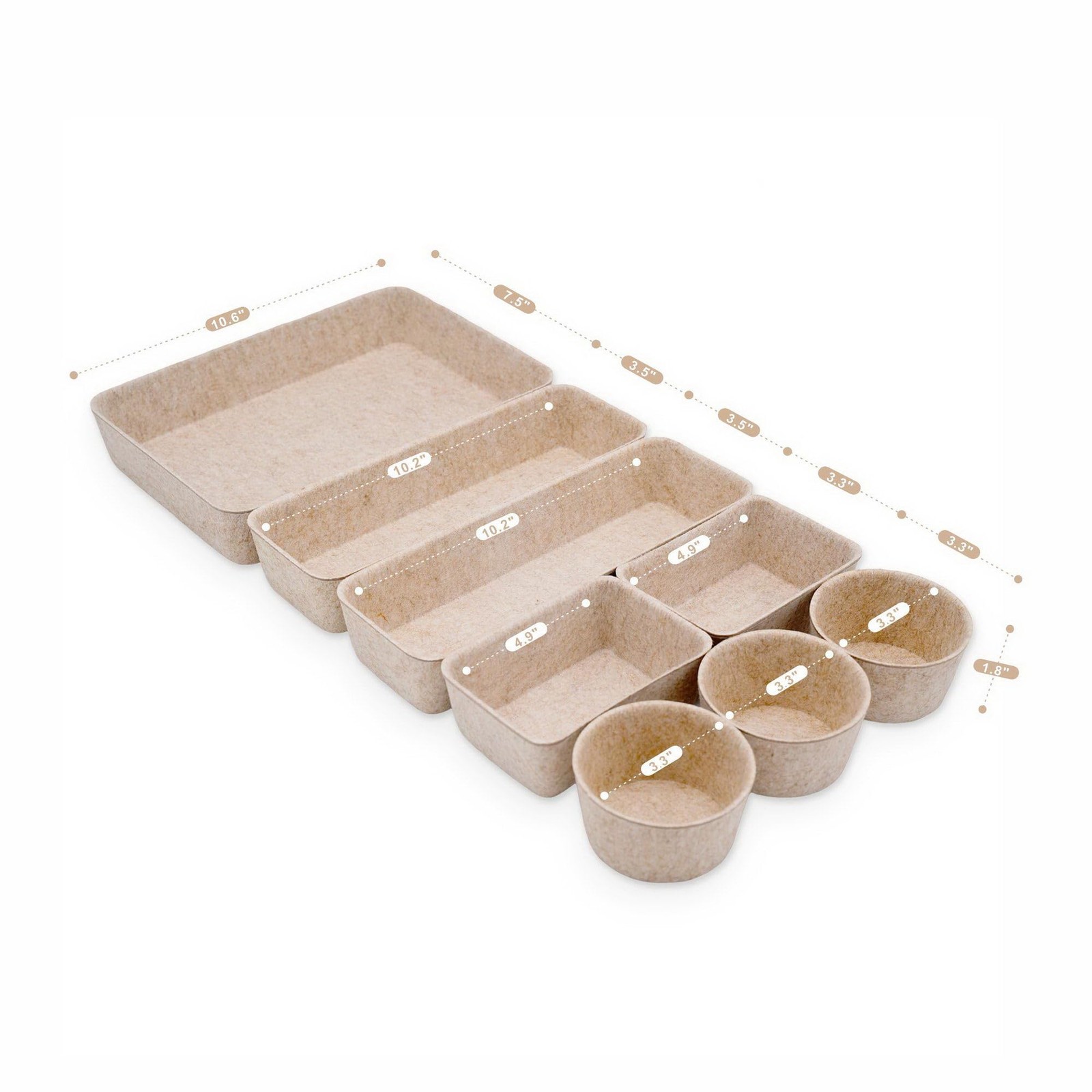 8 PCS Oatmeal Felt Office Desk Drawer Organizers Trays Shallow Dividers Box