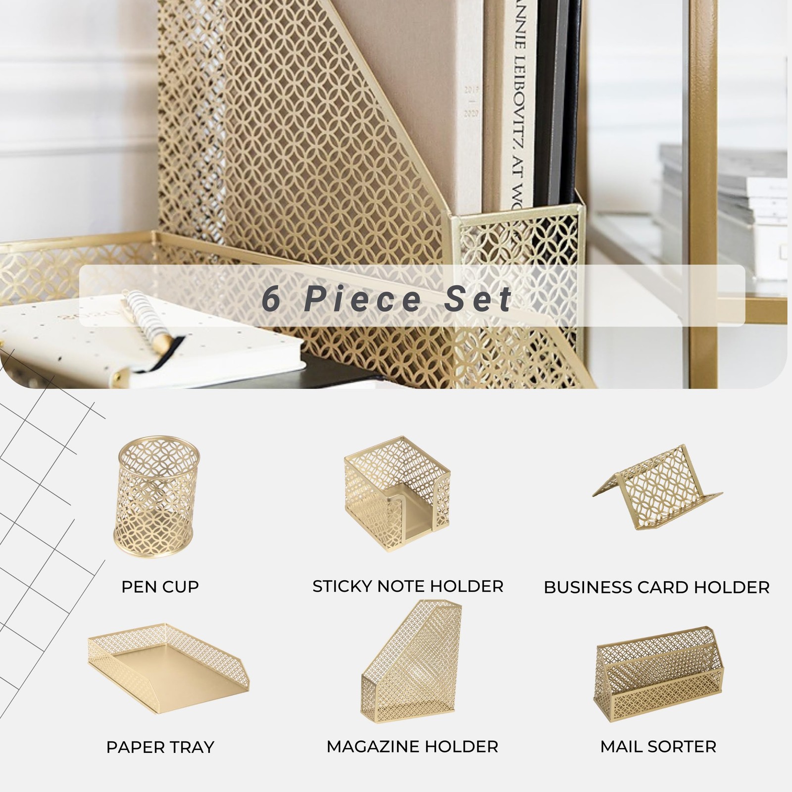 BLU MONACO | Gold Desk Organizer Set with Mail Sorter, 6 Piece Set,