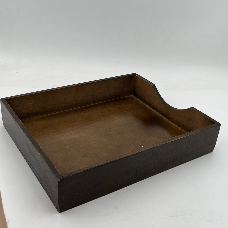 Vintage MCM Desk Organizer Tray Walnut Wood Office In Out Box, 12.5″ x 10″
