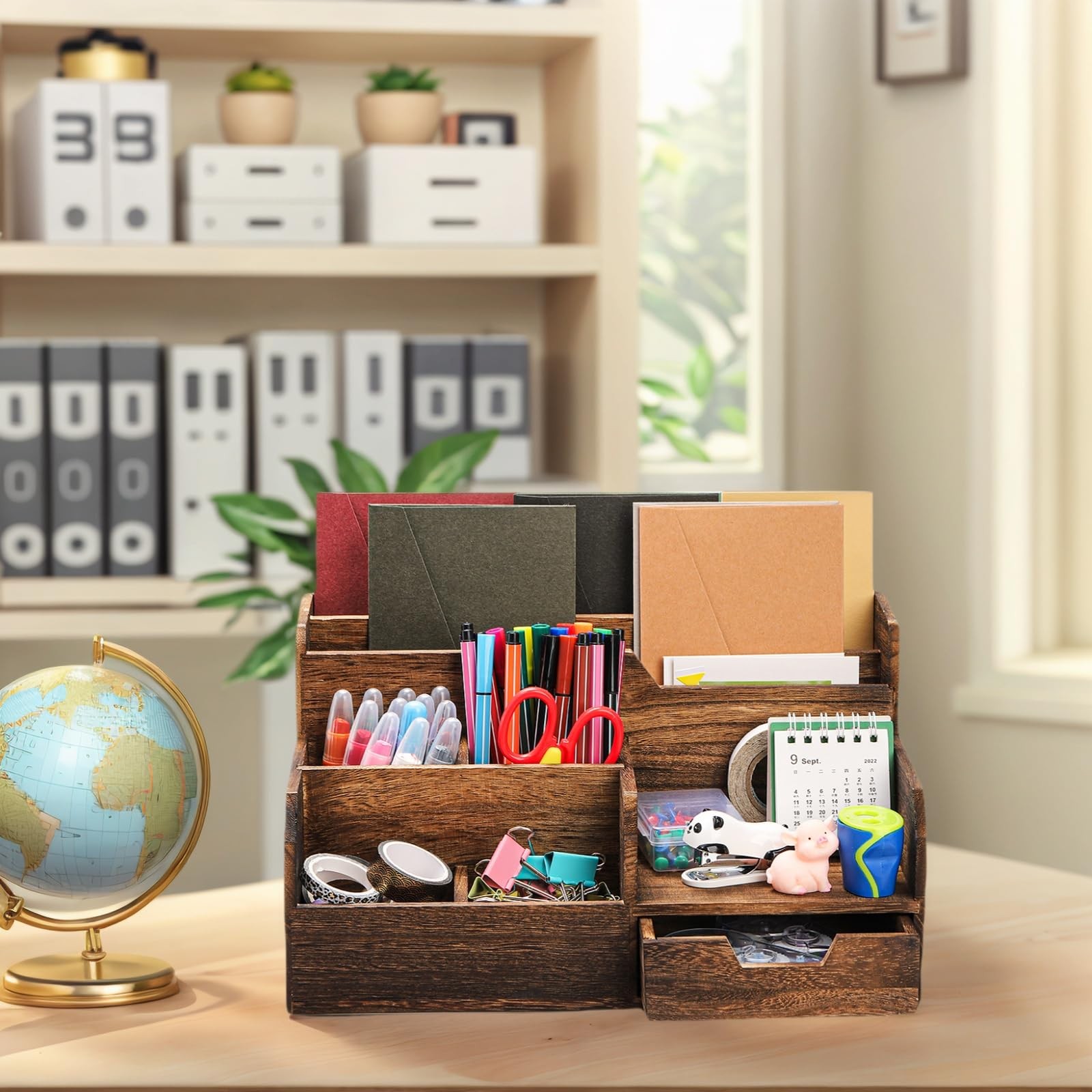Brown Wooden Mail Organizer, Desk Organizer with 7 Compartments and Drawer, R…