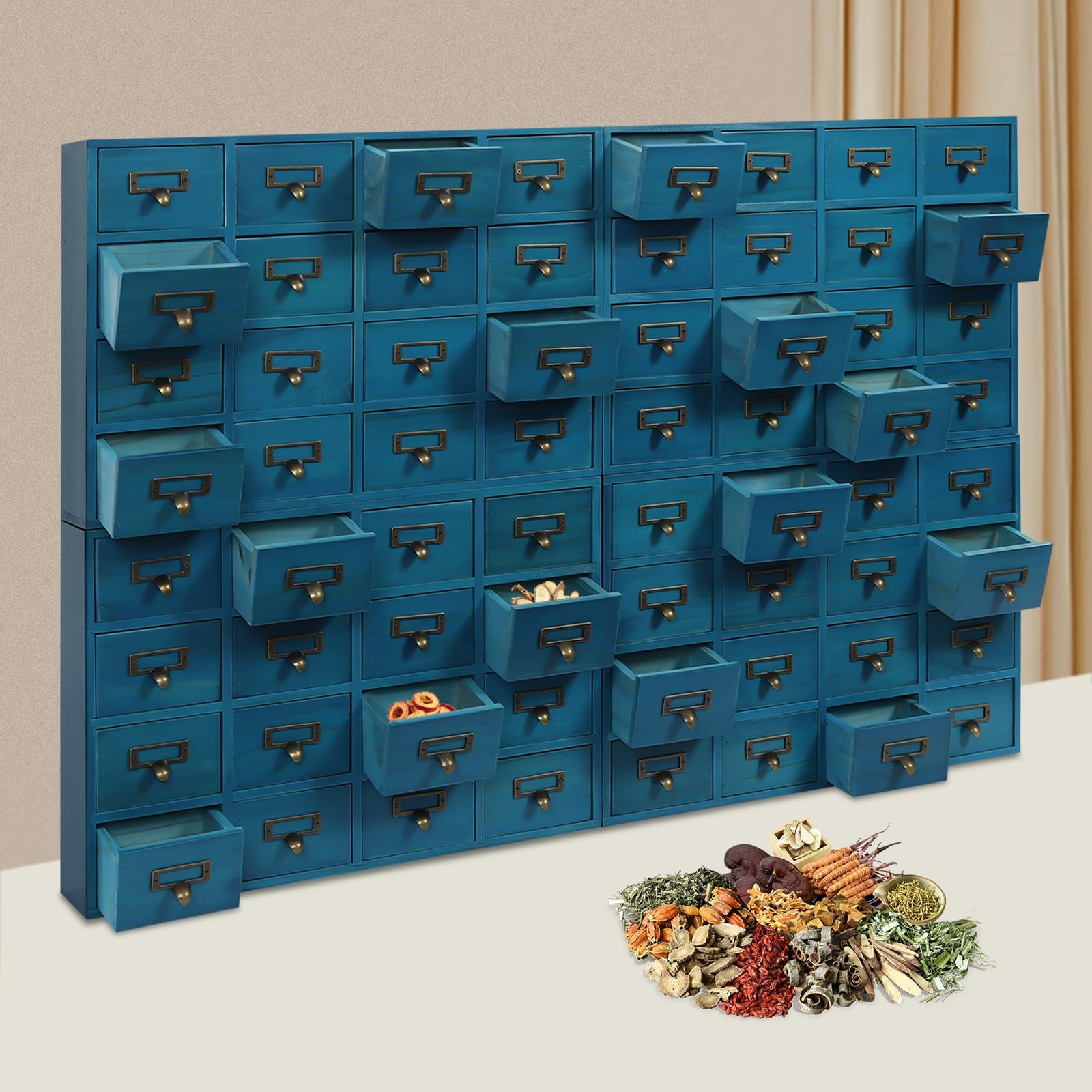 64-Drawer Wooden Storage Box Vintage Tabletop Mount Desk Drawer Organizer Blue