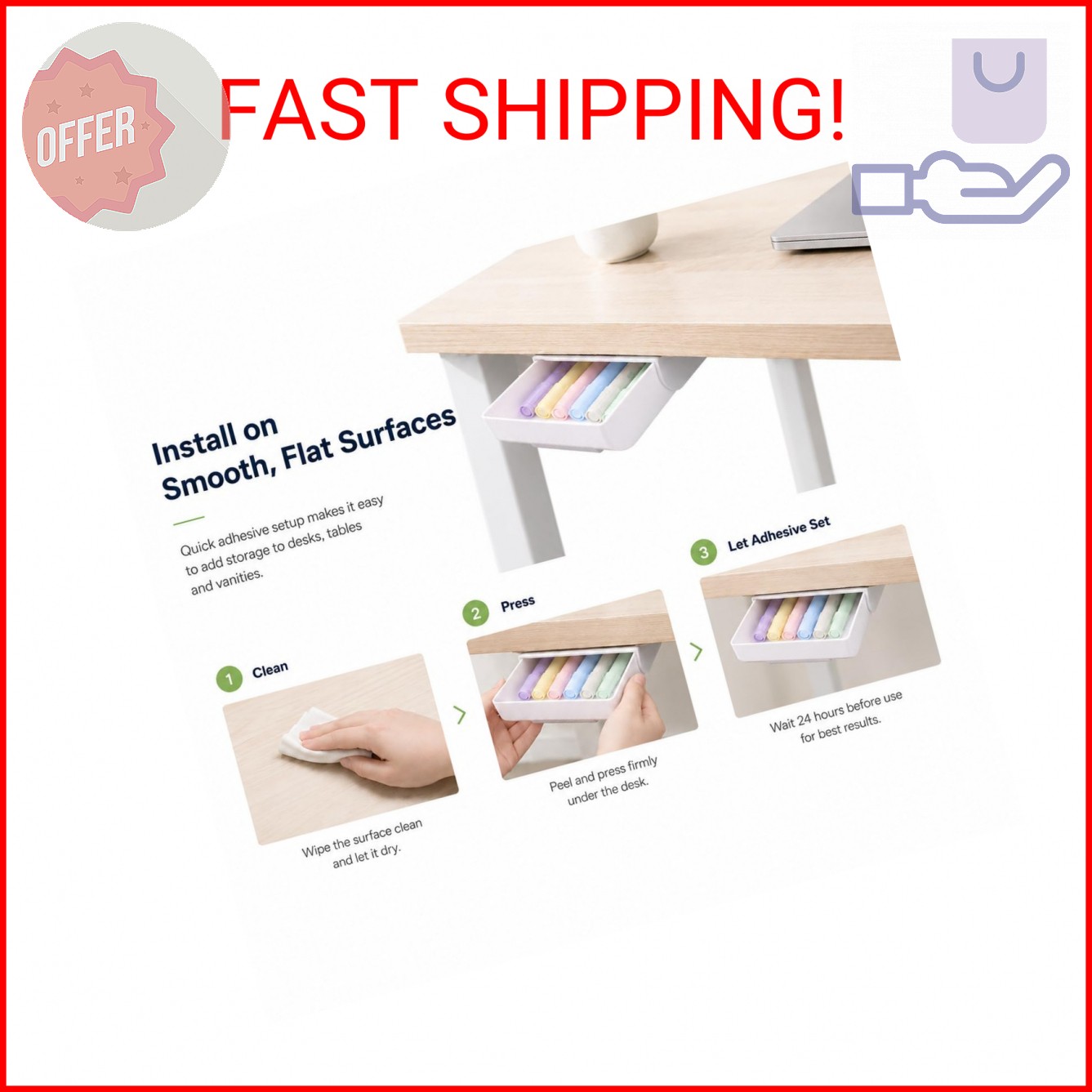 YOOUSOO 2 Pack Under Desk Storage Drawer Organizer, Hidden Slide Out Drawer Atta
