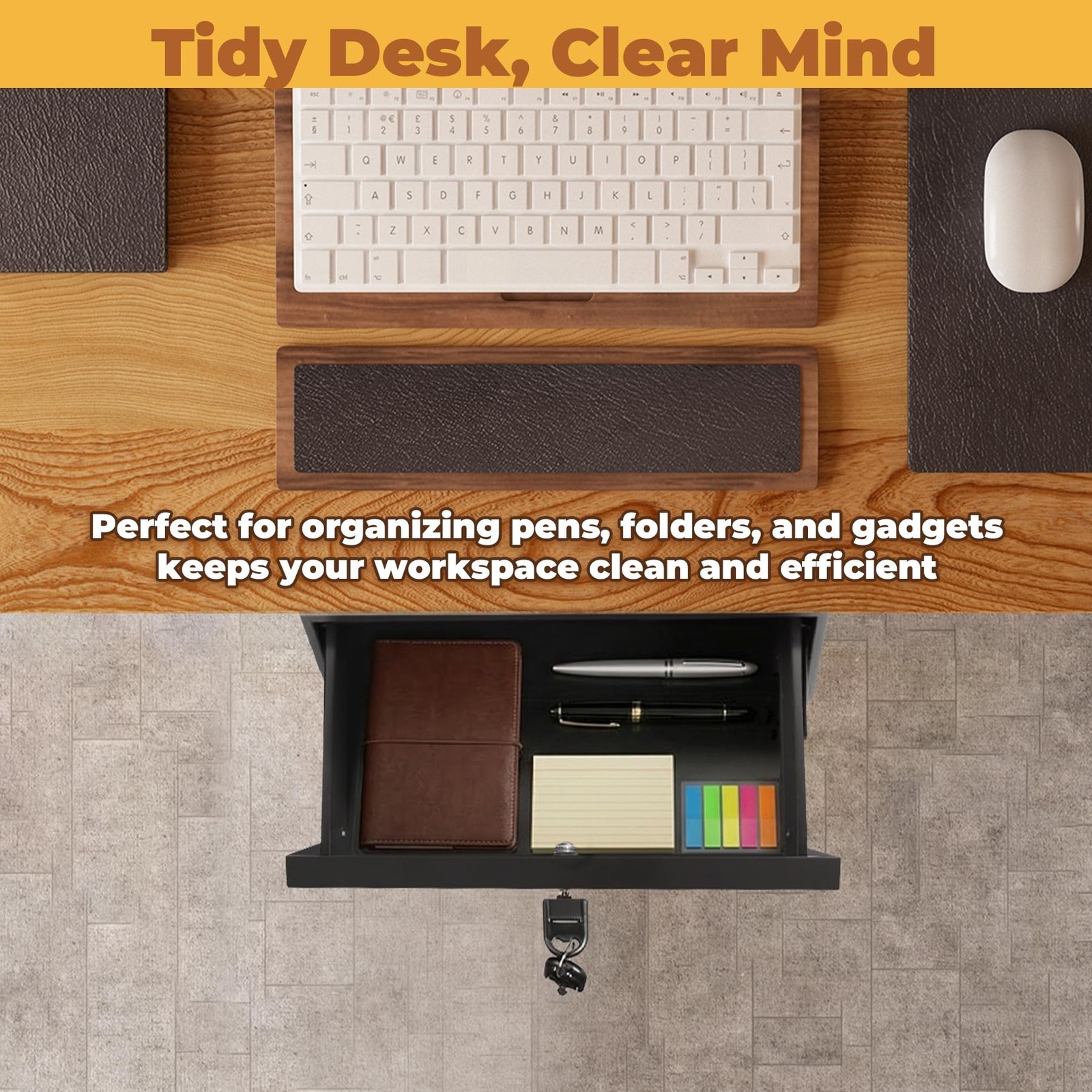 16in Under Desk Drawer with Lock Pull Out Storage Organizer