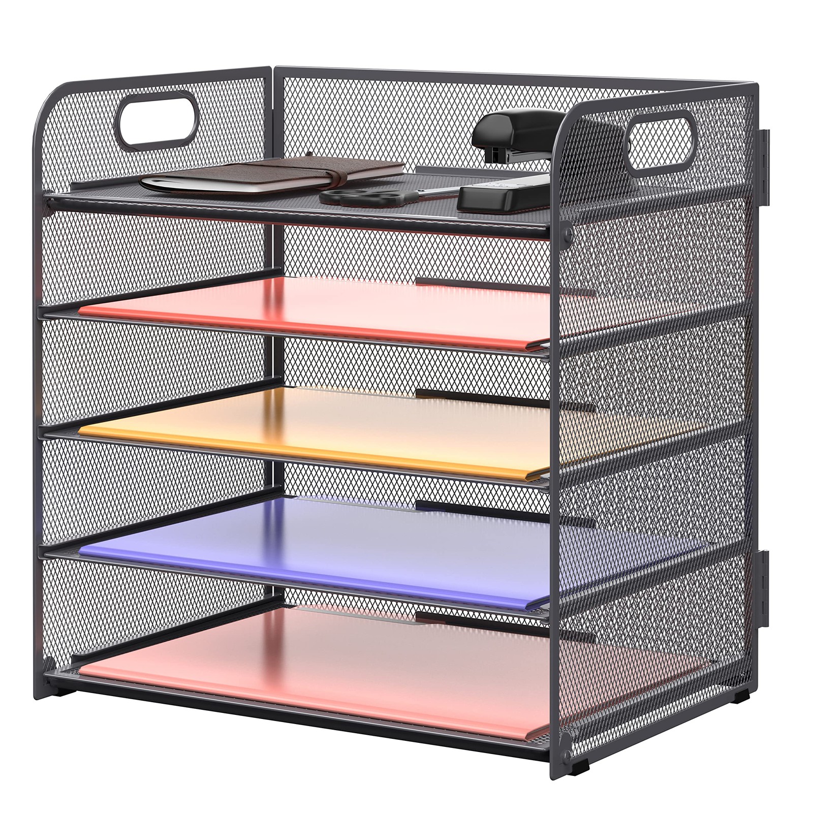 5Tray Mesh Desk Organizer with Handle, Grey Paper Sorter