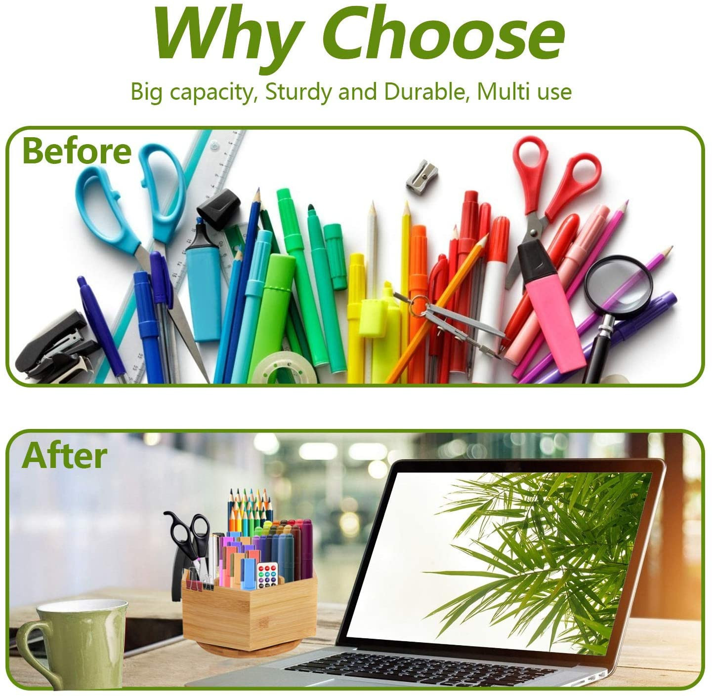 Bamboo Rotating Desk Organizer 6 Compartment Pen Pencil Holder Caddy