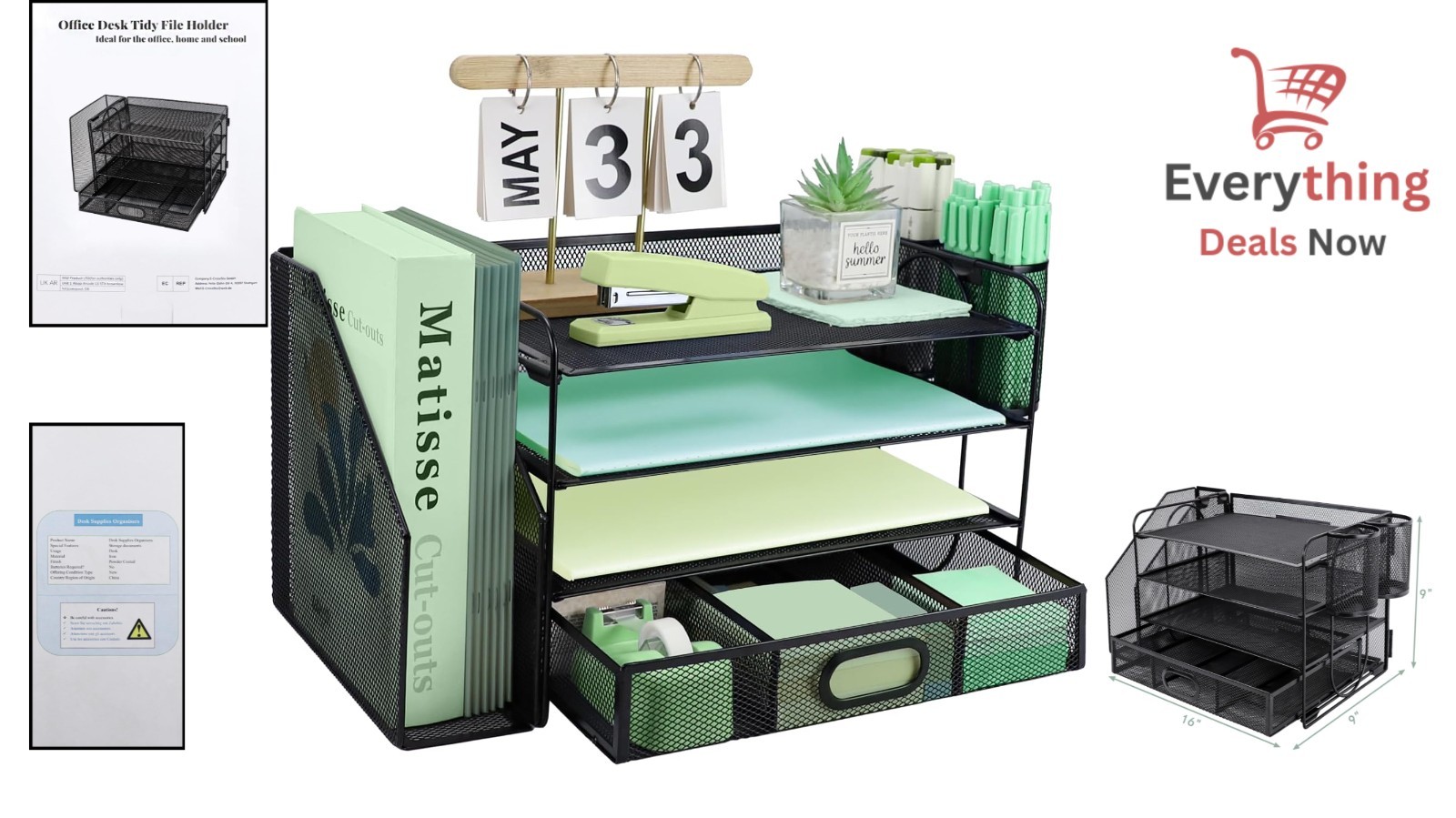 4 Tier Metal Desk File Organizer Vertical Sorter Paper Tray and Drawer Black