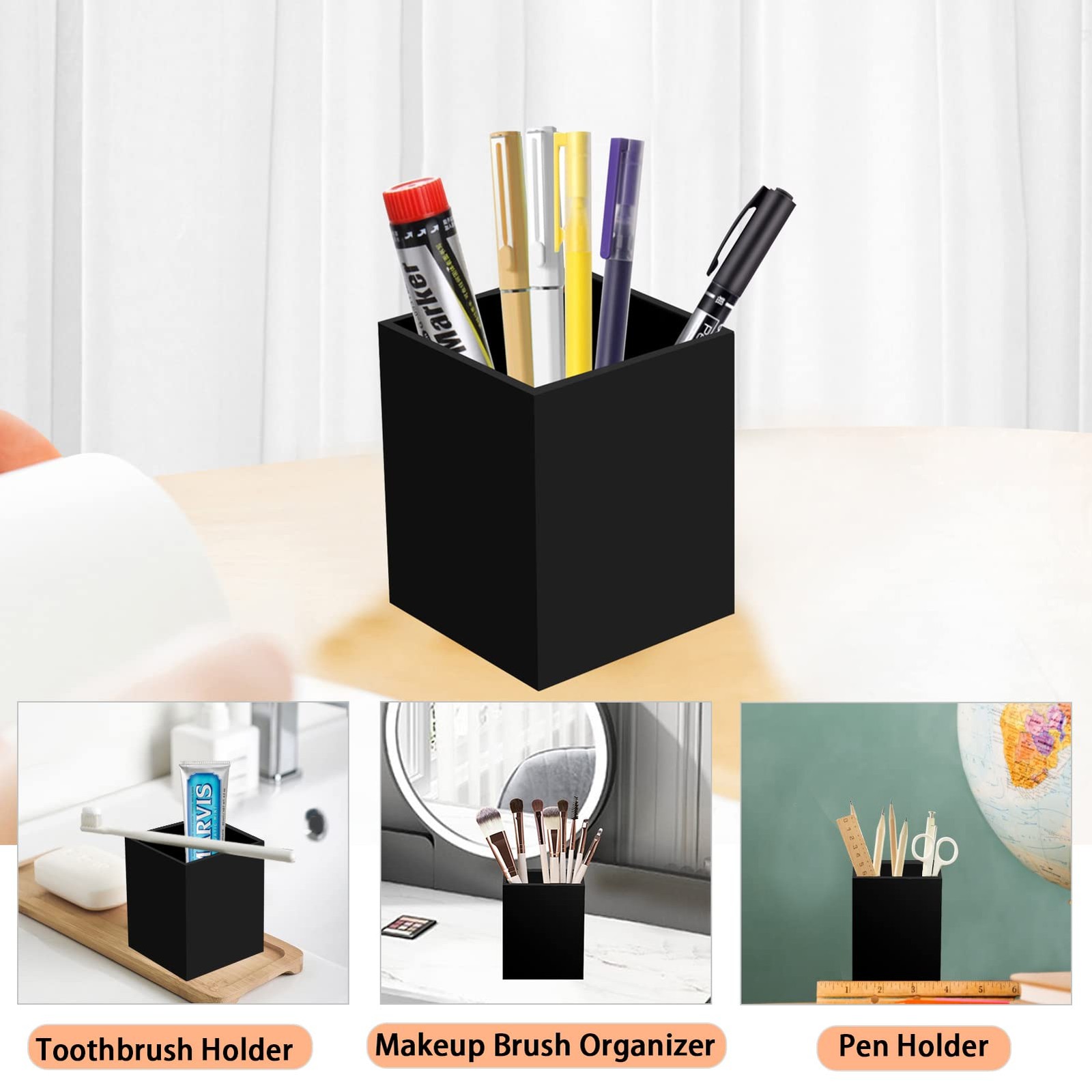 Ptaedex 2 Pack Acrylic Pen Pencil Holder, Black 3 x 3 x 3.94 inch,