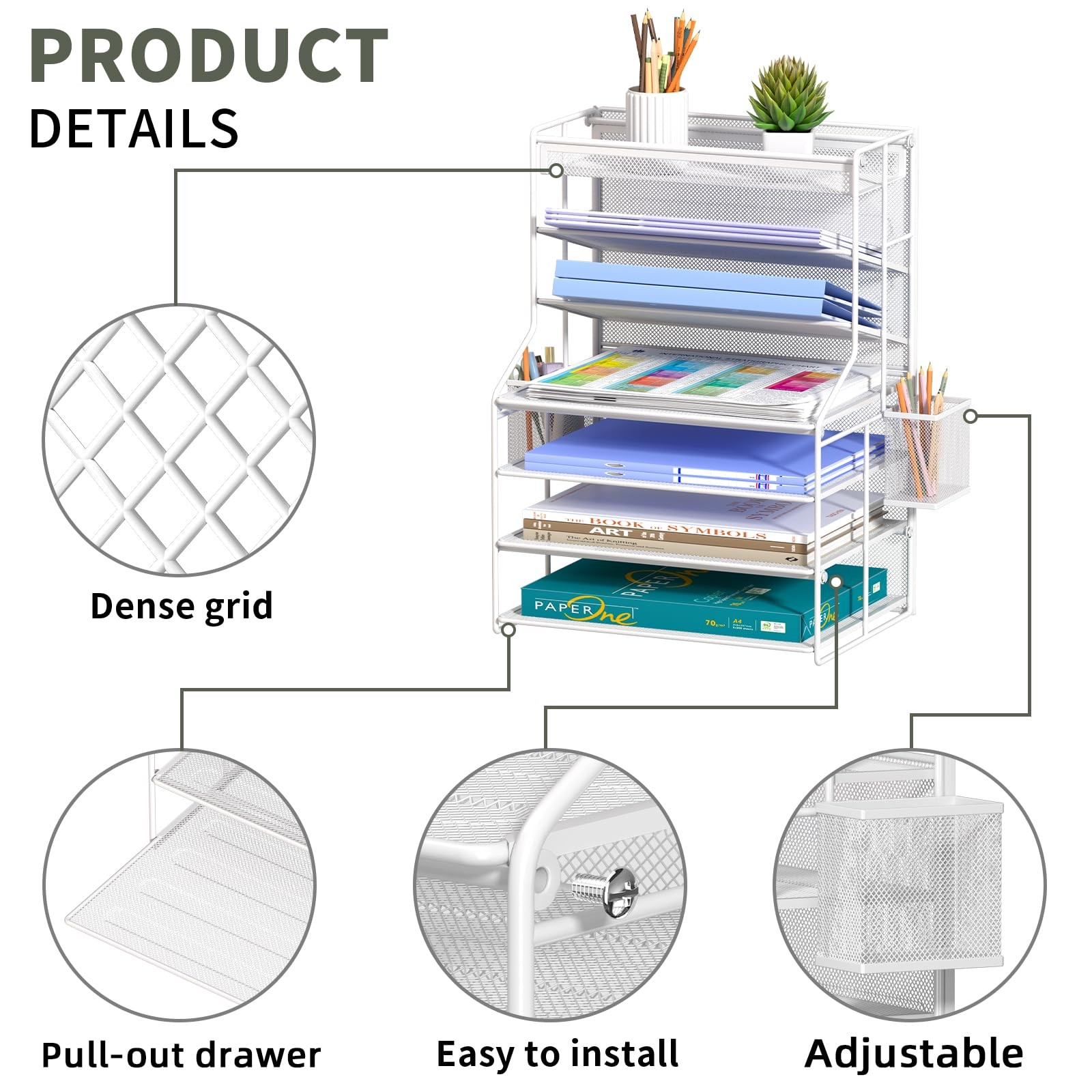 7 Tier Desk File Organizer Adjustable Shelves Pull-Out Drawer Pen Holder White