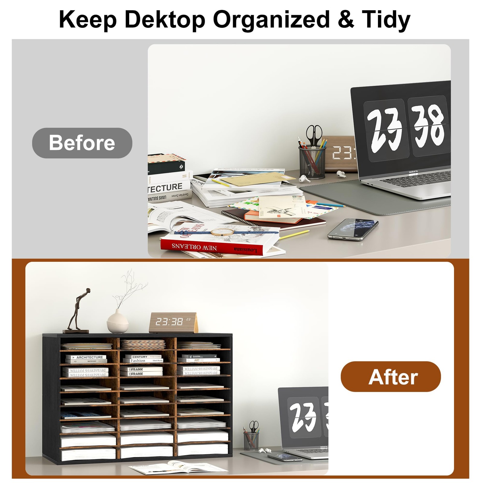 Wood Desk Paper Organizer, Hold 13500 Sheets A4 Papers, 27 Slots Adjustable L…