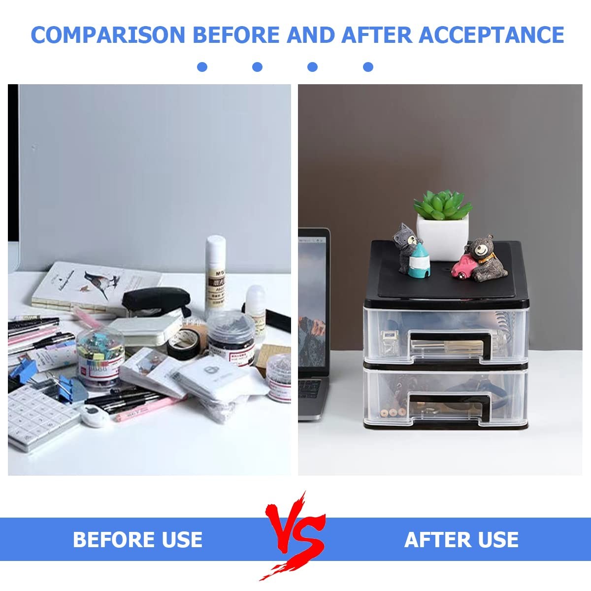 2 Tier Plastic Drawer Organizer Storage Box for Desk, Size 1, black