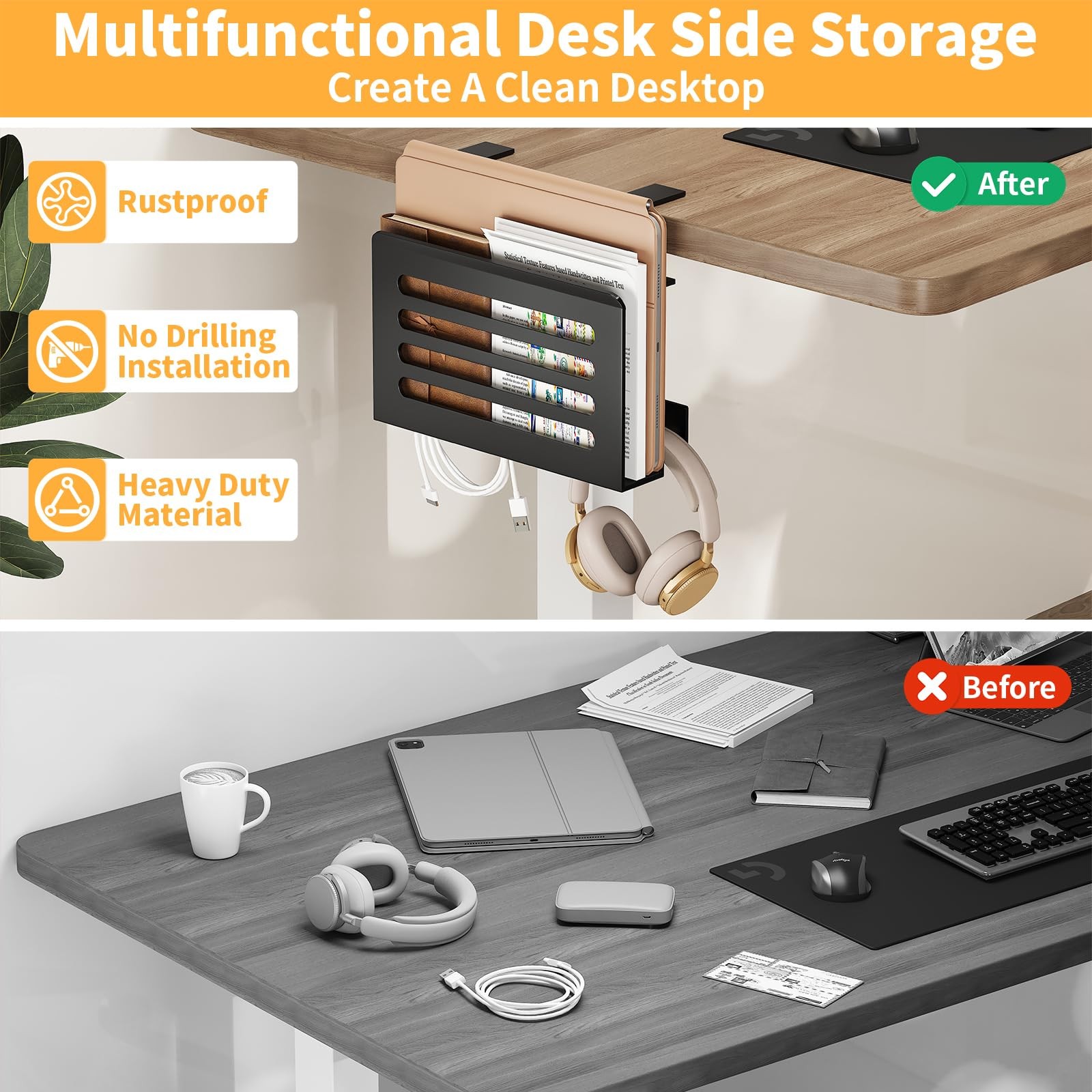 ROLIZOE Space Saving Desk Side Storage No 9.8 x 3.7 x 8 inches, Black