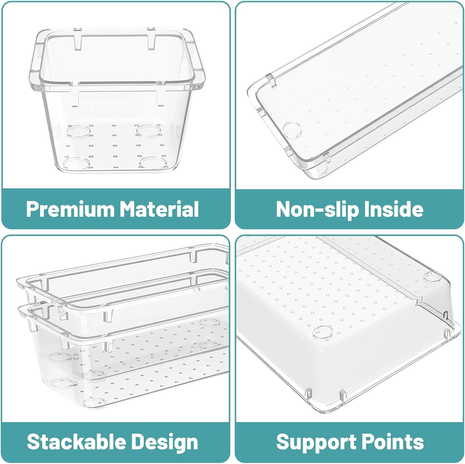 8 PCS Clear Plastic Drawer Organizer Set, 4 Sizes Desk Drawer Organization and S