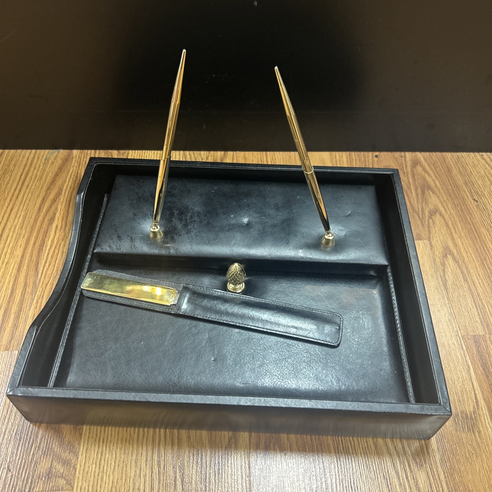 Vintage Bosca Black Leather Desk Organizer Accessories 8 Pieces
