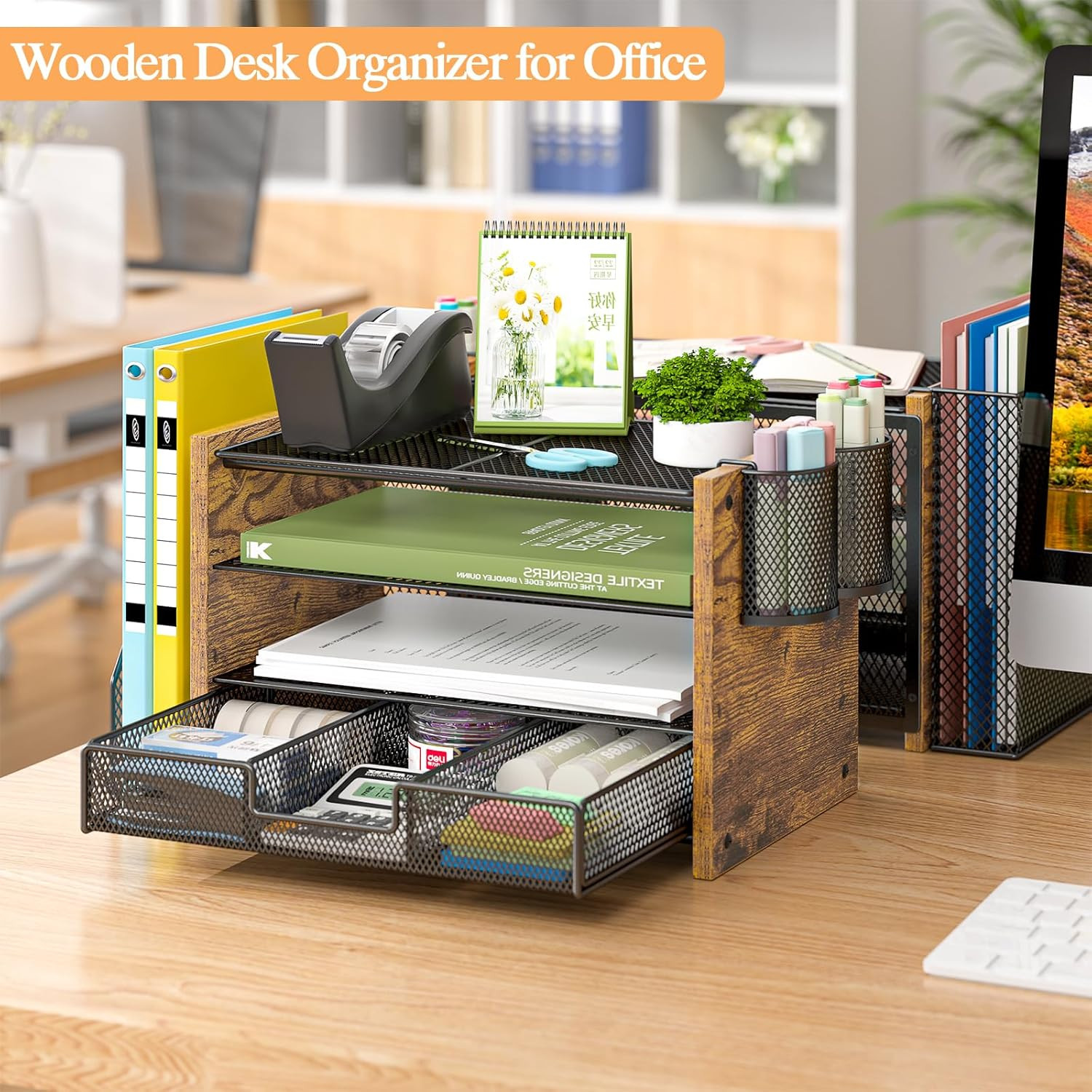 Wooden Desk Organizers Accessories File Holder 4-Tier Paper File Organizer Home