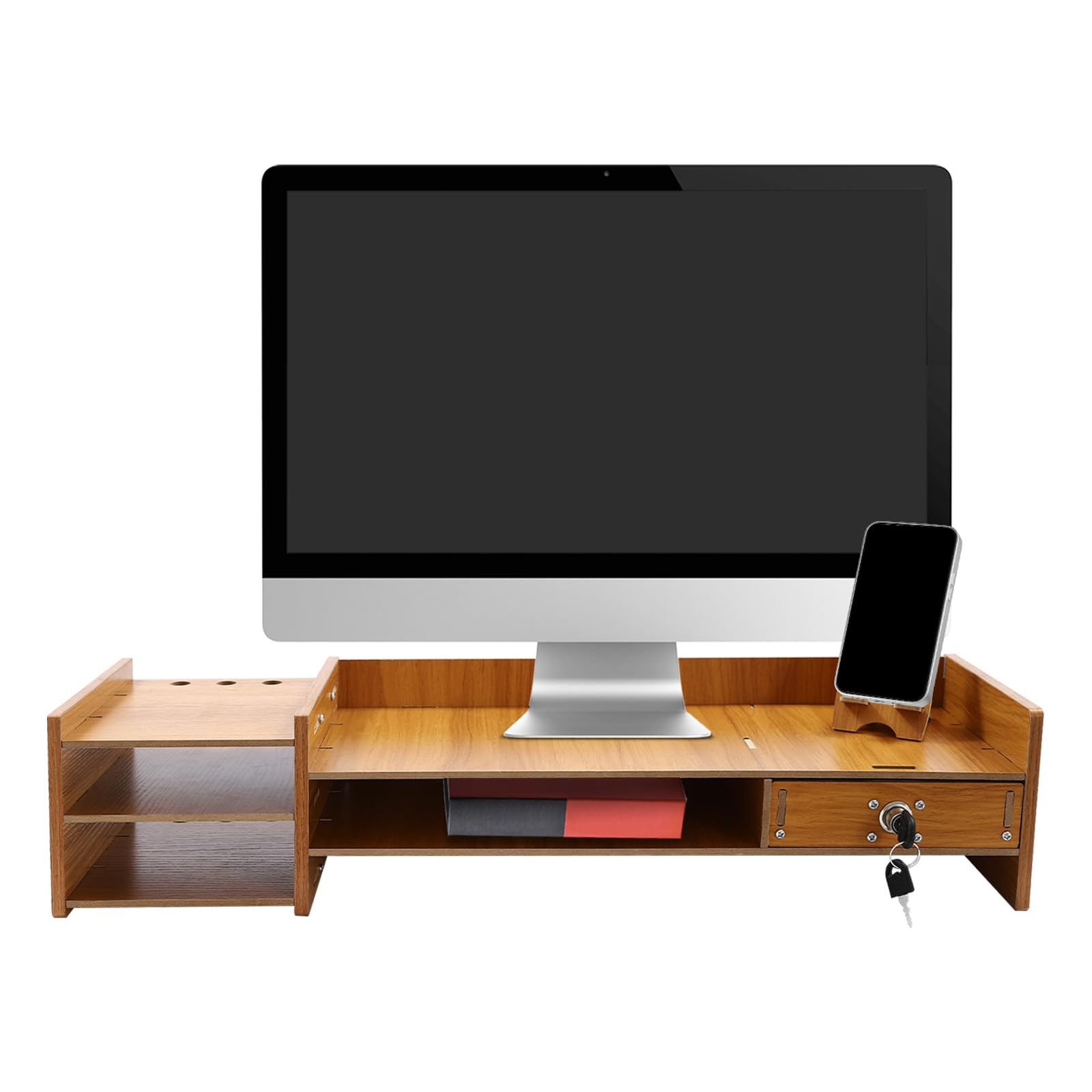 Wood Desk Organizer Stand W/Drawers Office Desktop Storage Monitor Holder Stand