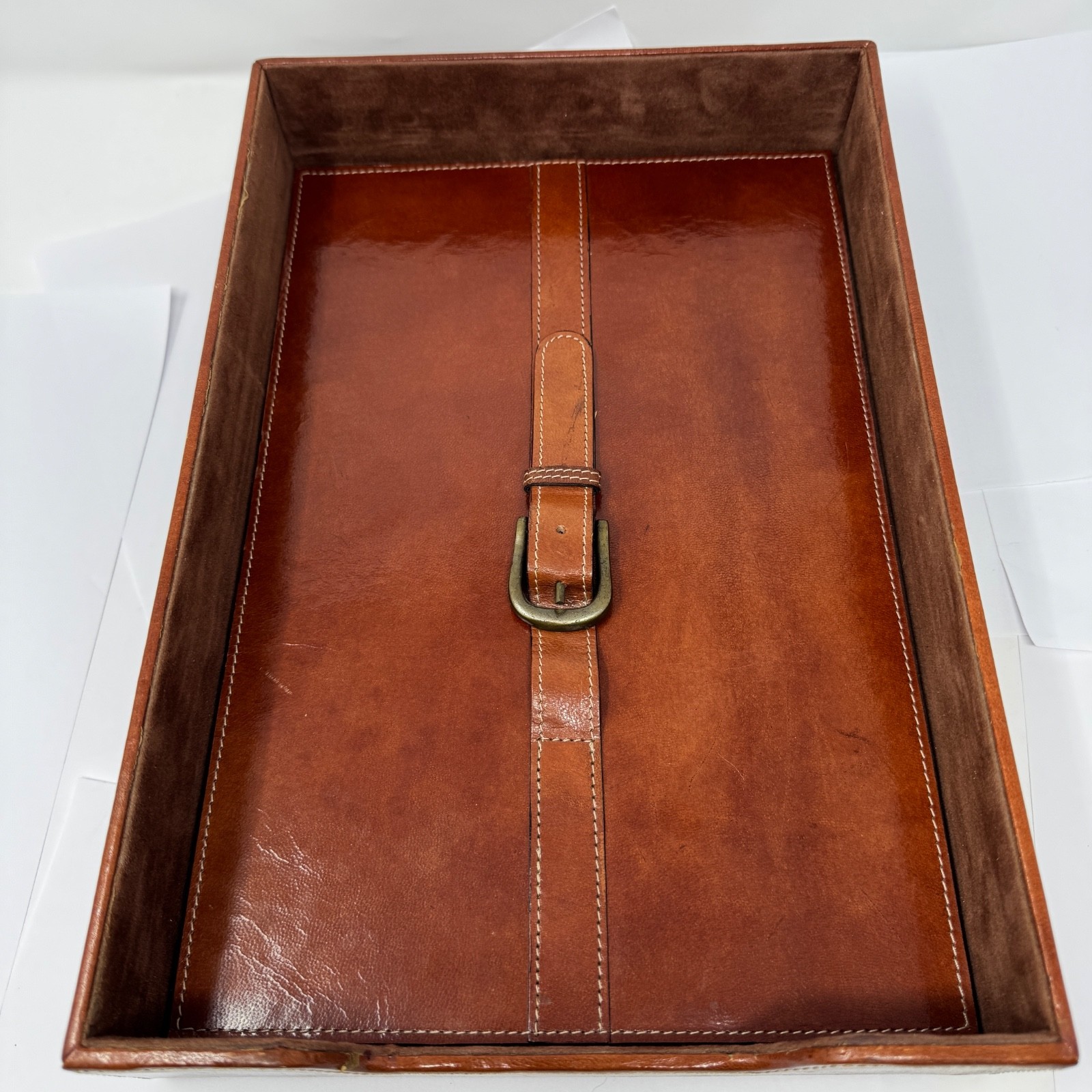 Brown Leather Letter Tray Desk Paper Organizer Belt Buckle Detail India 14×9