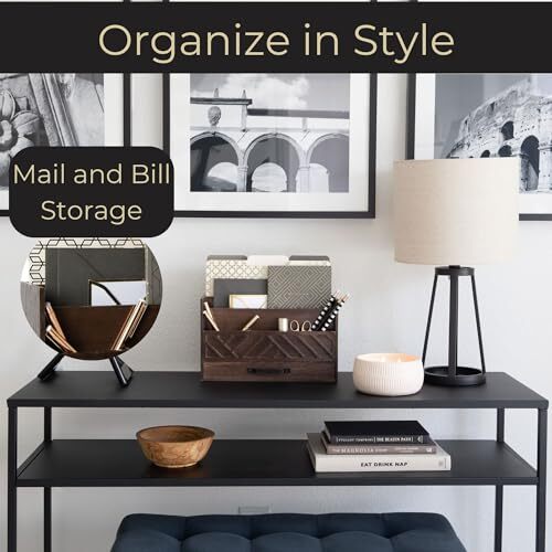 Brown Wood Desk Organizer with Drawer – Bill Storage Organizer and Sorter for…