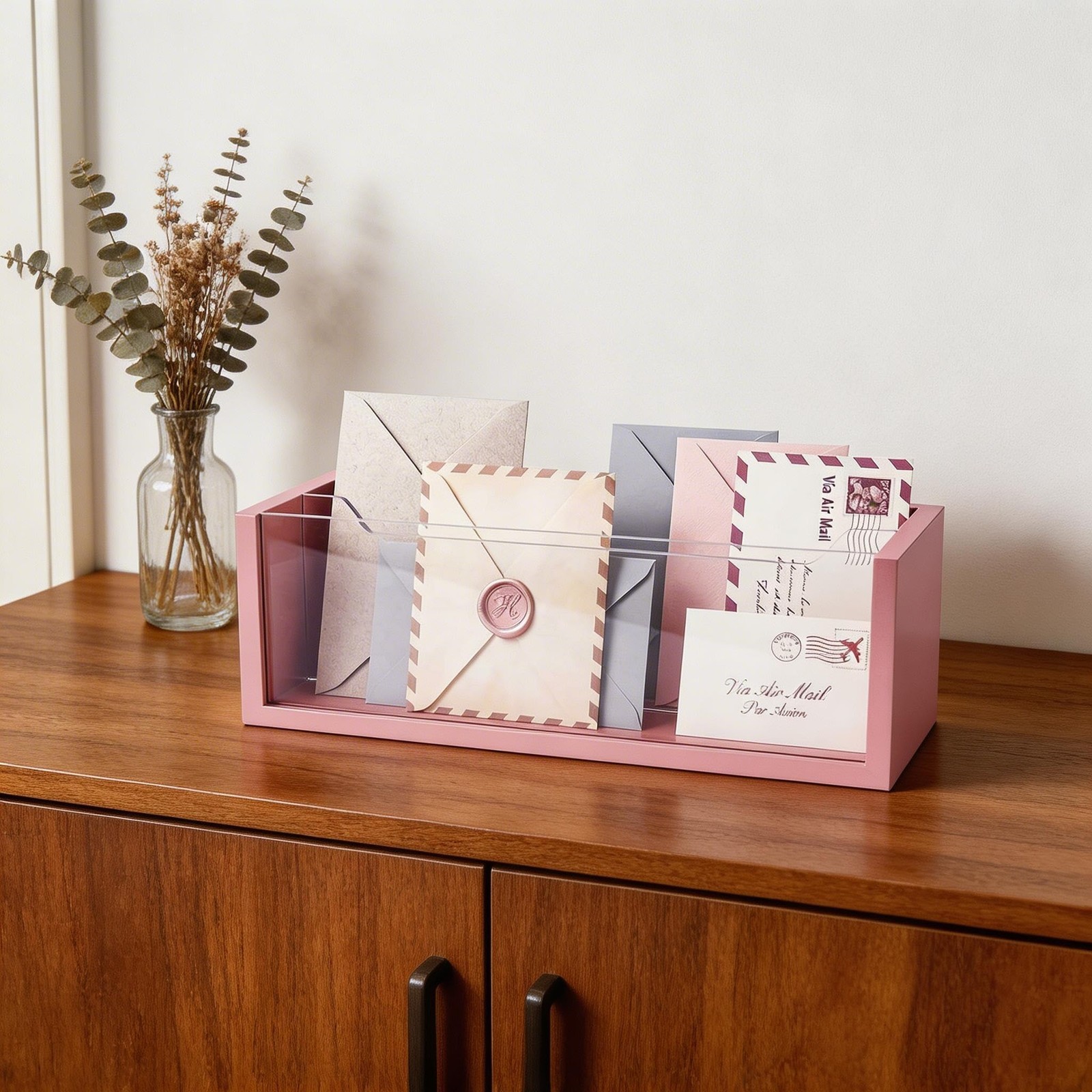 Pink Mail Organizer Clear Acrylic Divider Desk Wall Mount Paper Sorter Decor