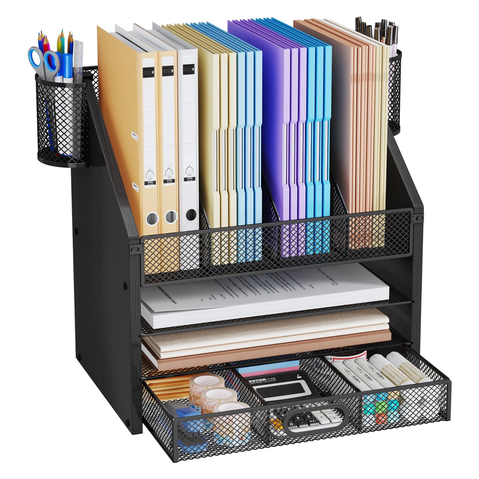 Desk Organizer with Drawers – Mesh and Wood Desk File Organizer with Pen Hold…