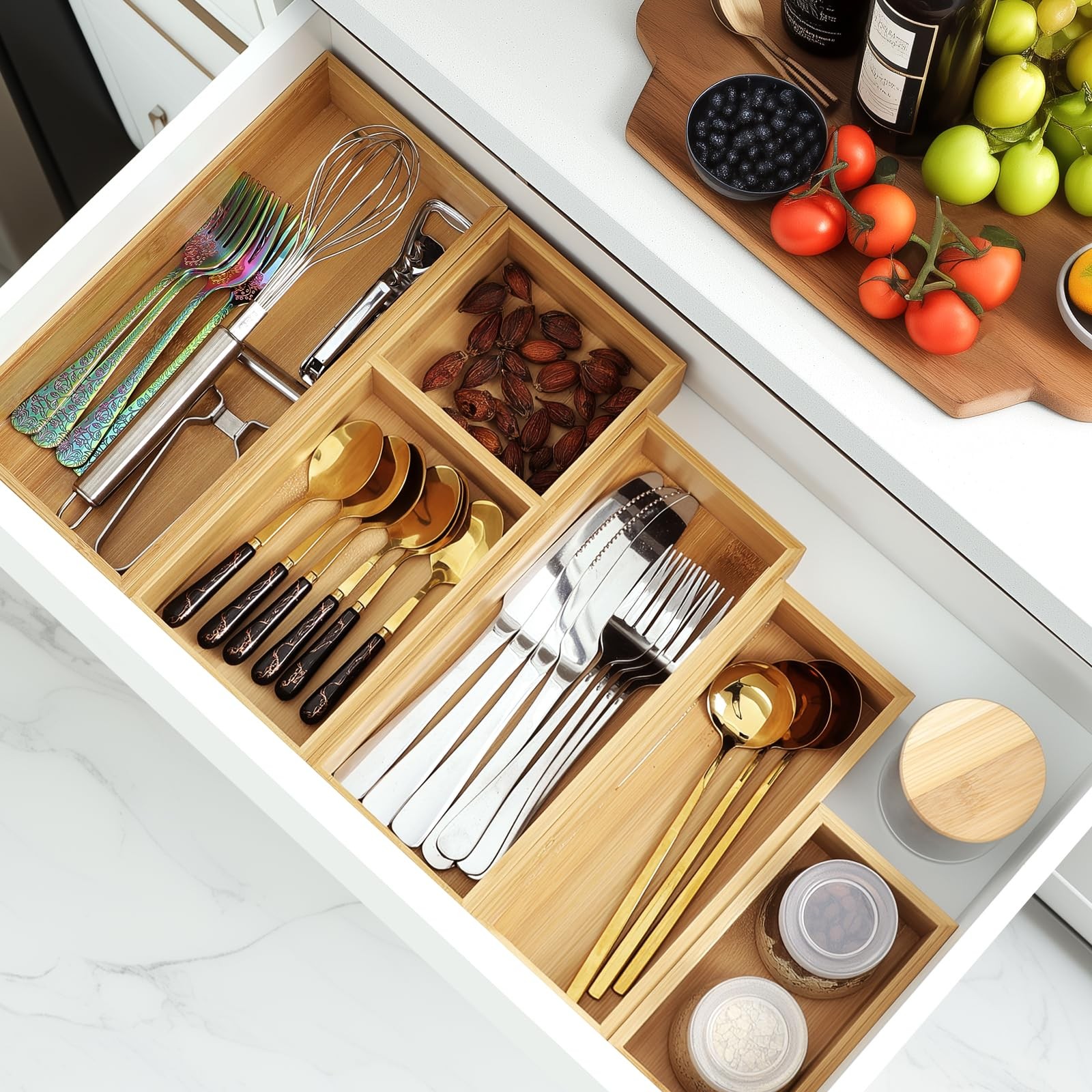 Bamboo Drawer Organizer Set, 5 PCS Multi-Use Individual 5, Natural