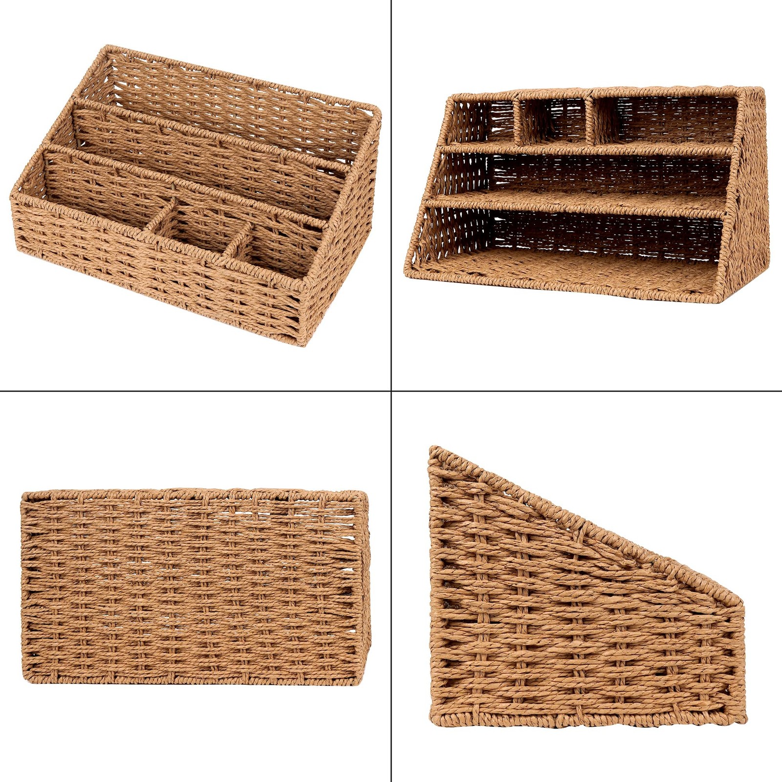 Woven Desk Organizer Basket with 5 Compartments, Rustic Paper Rope Mail Holde…