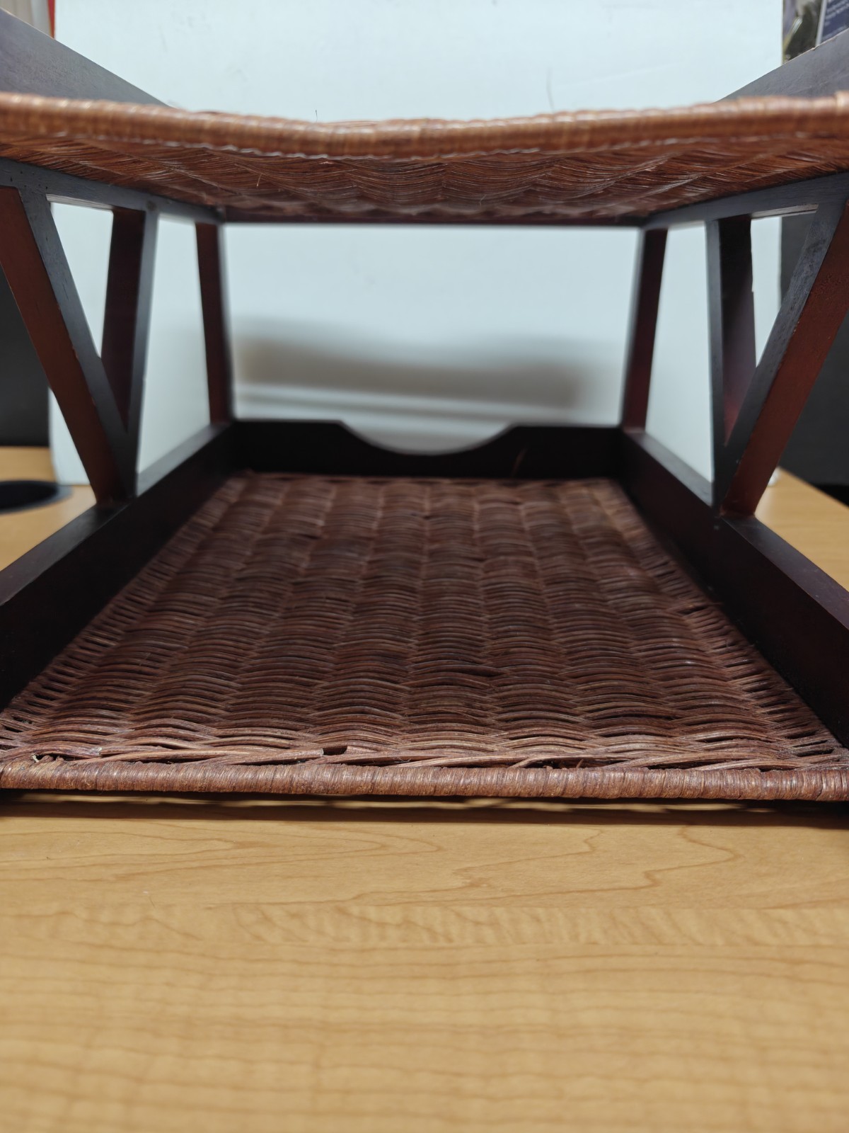 Vintage Wood Letter Tray Desk Organizer Woven Rattan 2 Tier Office Holder