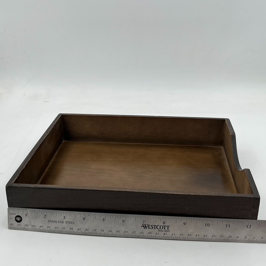 Vintage MCM Desk Organizer Tray Walnut Wood Office In Out Box, 12.5″ x 10″
