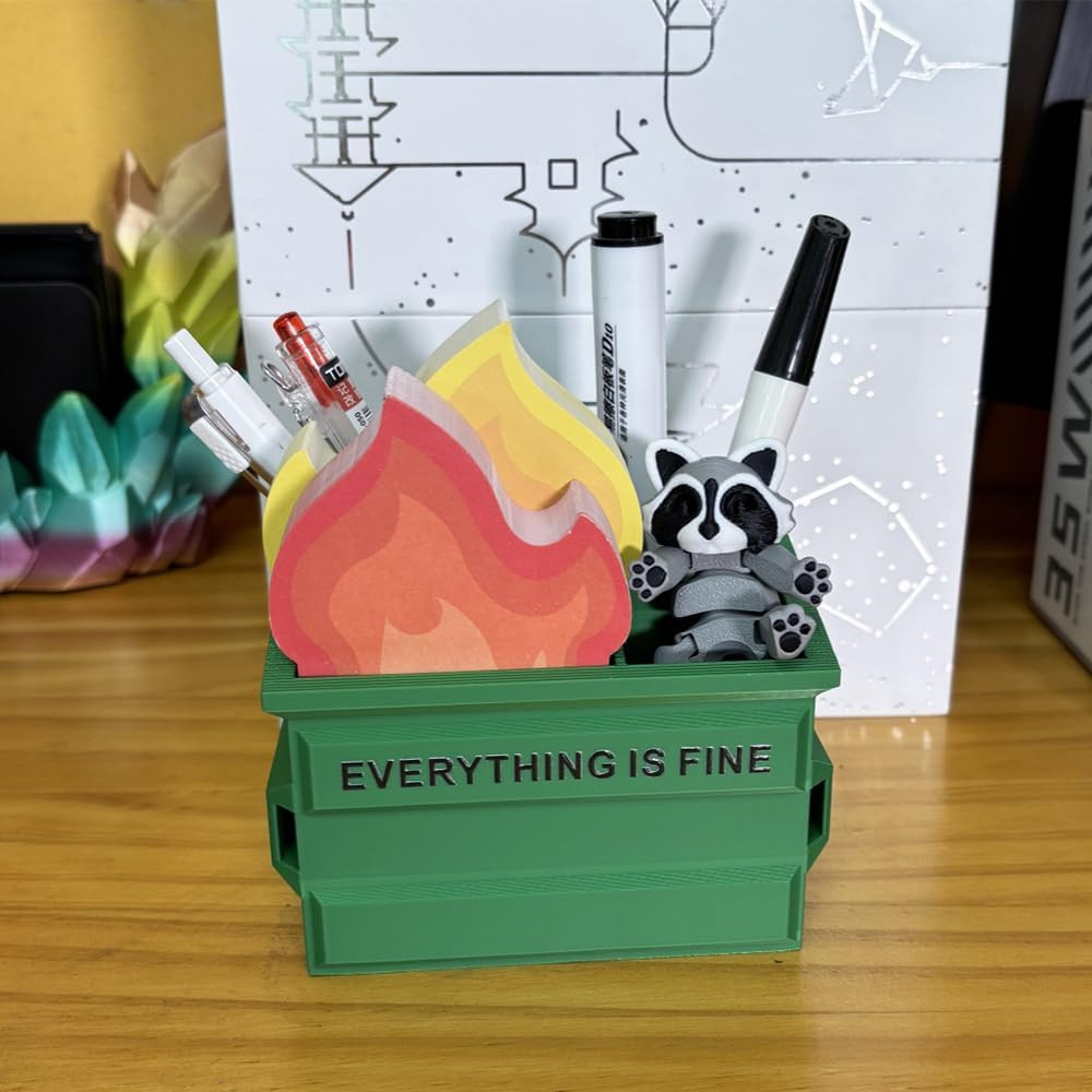 Funny Garbage Can Fire Pen Holder 300 Sticky Notes Cute Desk Organizer Office