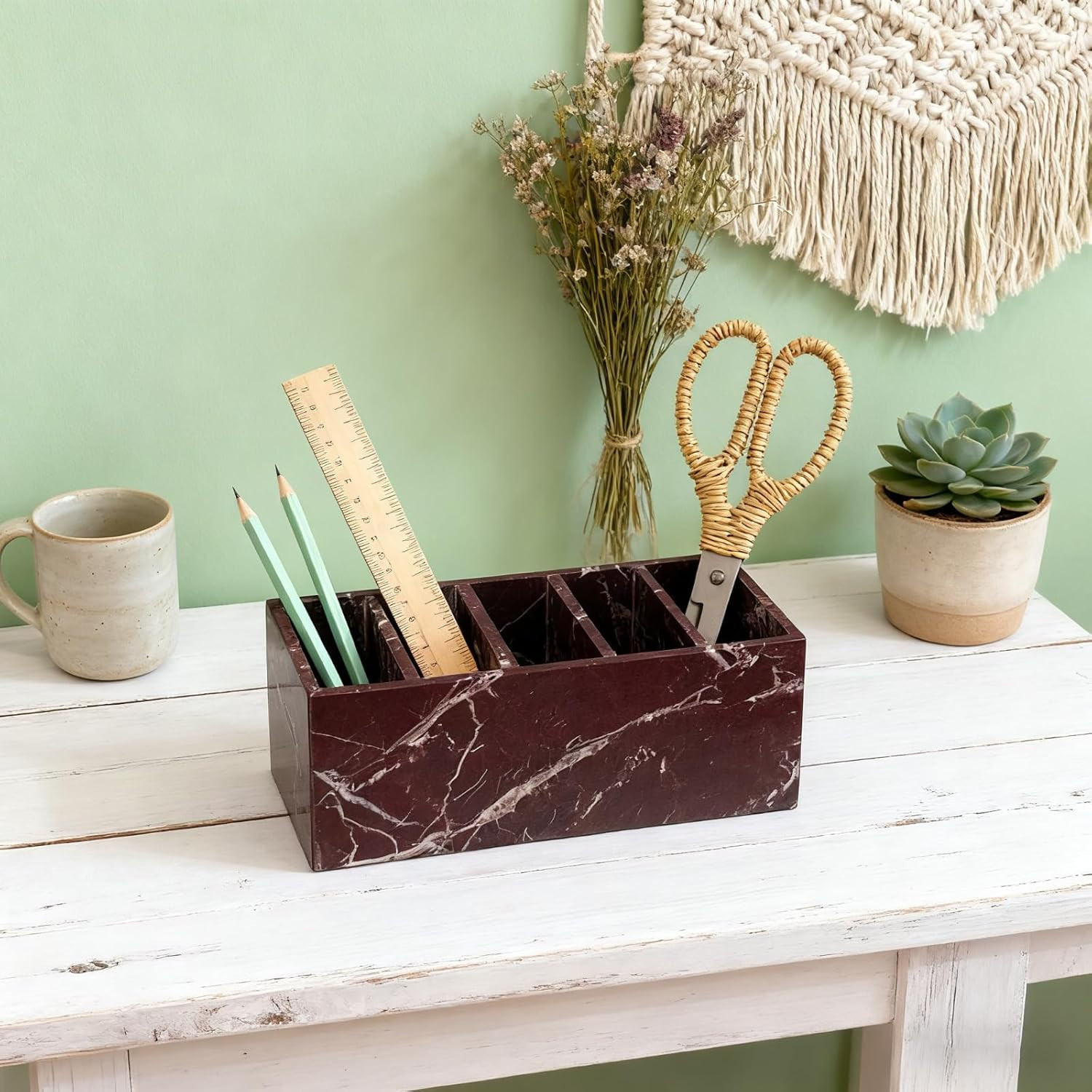 Elegant Marble Desk Organizer & Pen Holder – Purple-Red with White Veins