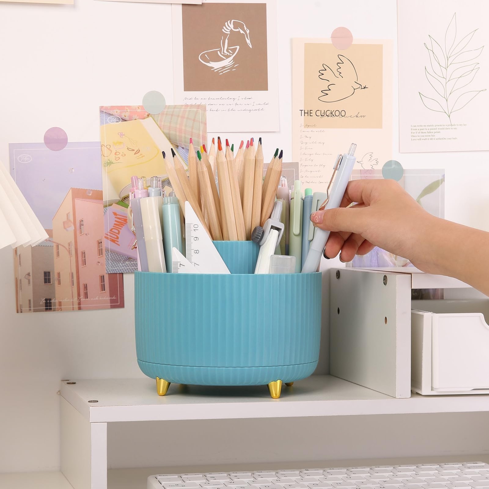 SKYDUE Makeup Organizer, Rotating Pencil Pen 5.8*5.8*4.7 Inches, Blue_1Pack