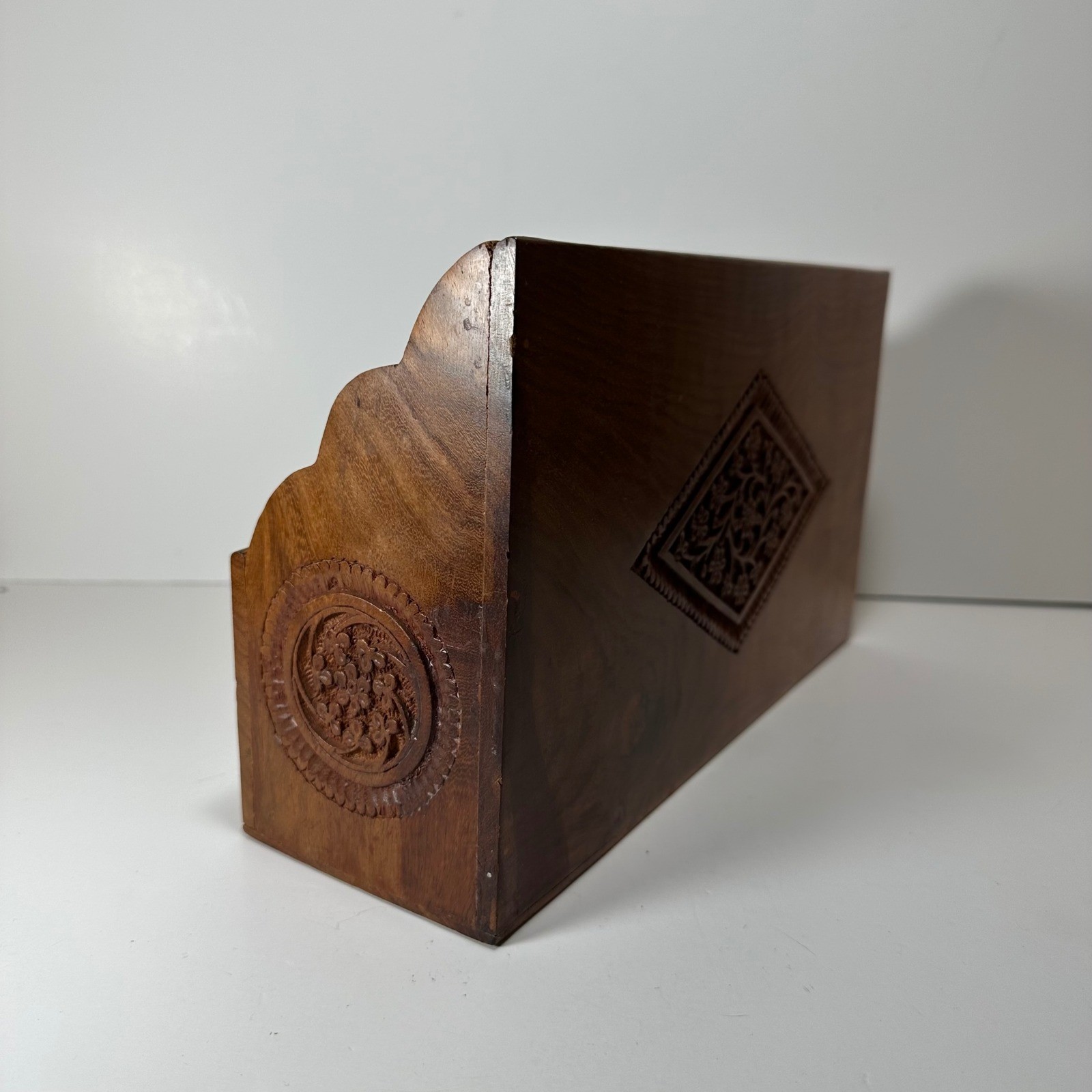 Vintage Hand Carved Wooden Desk Organizer Floral Boho Tiered Mail Stationery