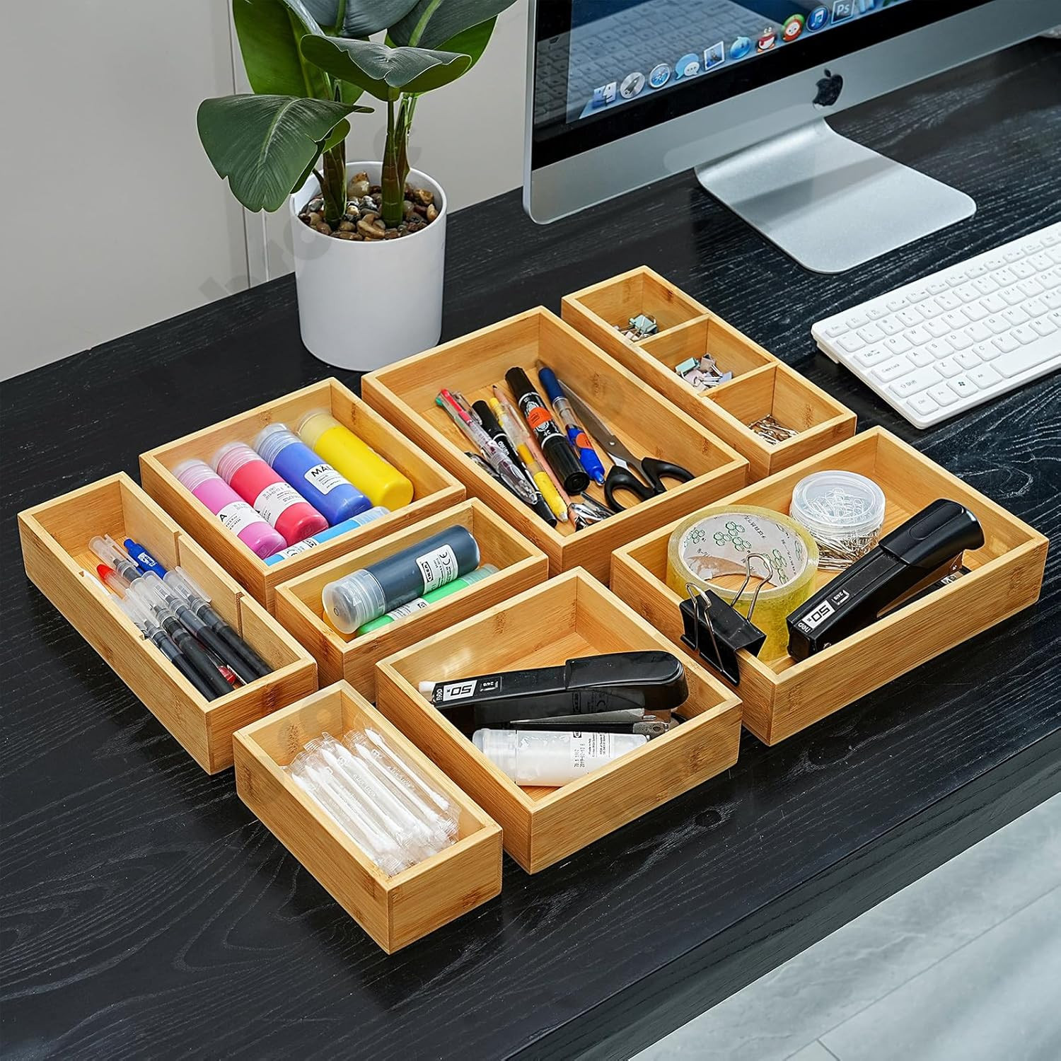 9 Pack Bamboo Drawer Organizer Bins Kitchen Makeup Desk Storage Trays