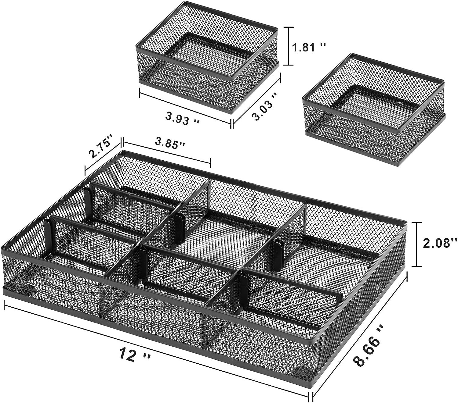 3 PCS Desk Drawer Organizer 9 Adjustable Compartment Makeup Office Black