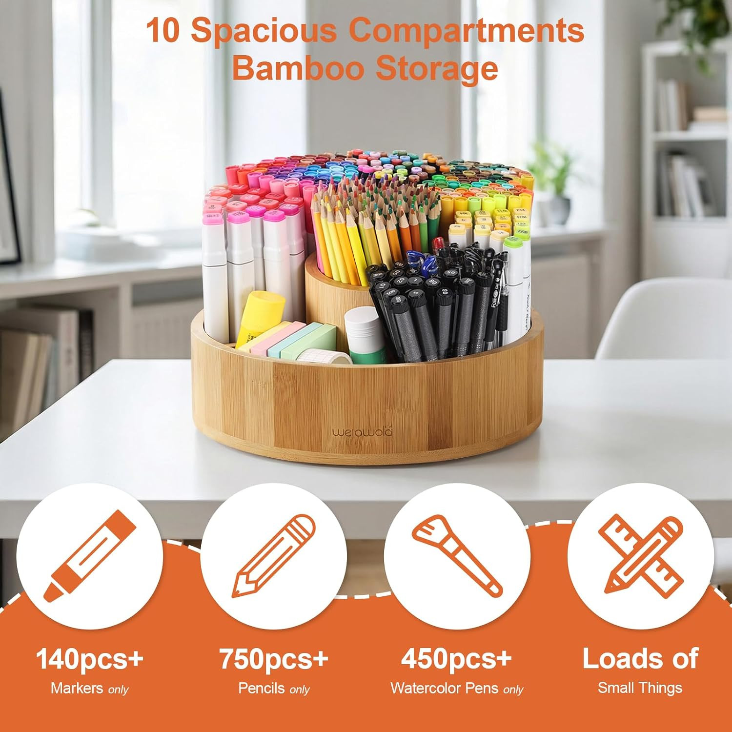 Marker Organizer Rotating Bamboo Desk Organizer, Silent 360° Rotation Caddy, 10
