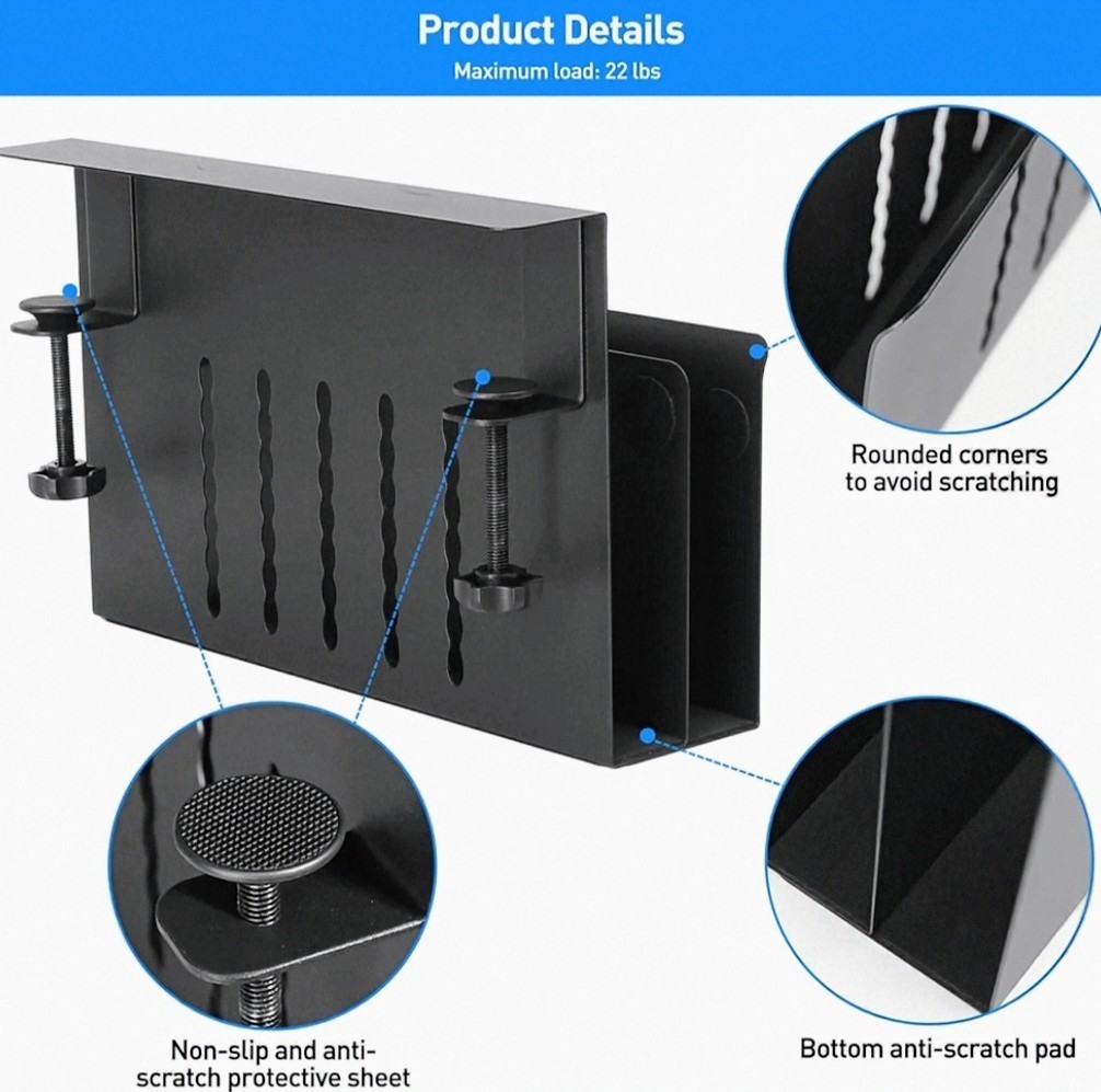 Desk Side Storage, Under Desk Laptop Mount, Clamp On Cable Magnet Tray, Black