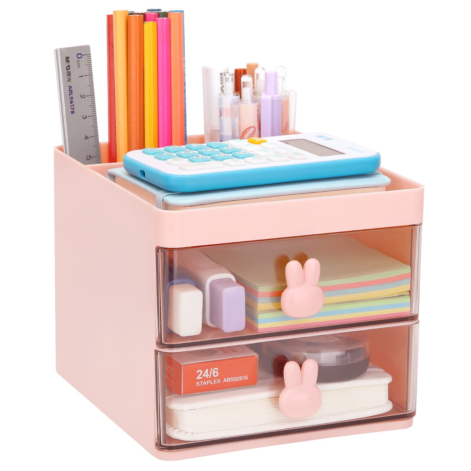 LETURE Small Desk Organizer With Drawer, Office Desktop Storage Box, Pink