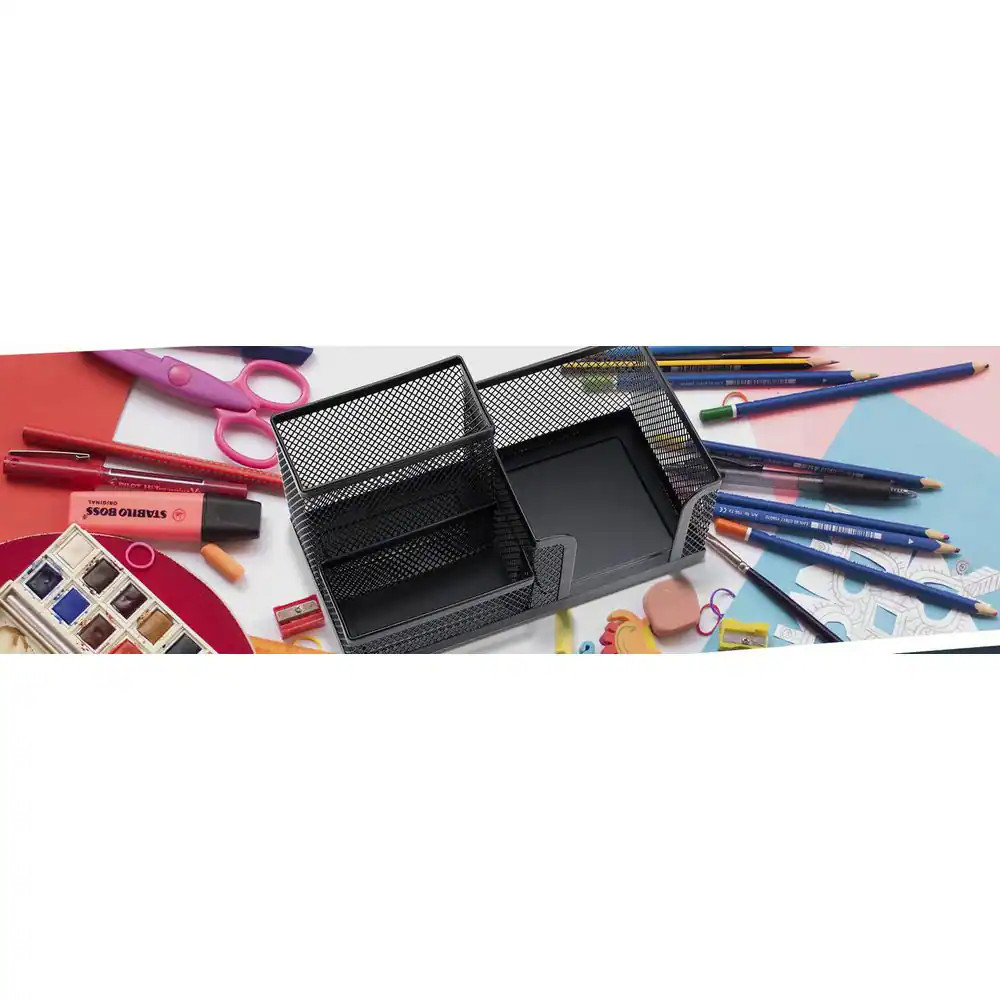 Black Metal Mesh Desk Organizer 3-Compartment Pen Pencil Holder Non-Slip Base Of