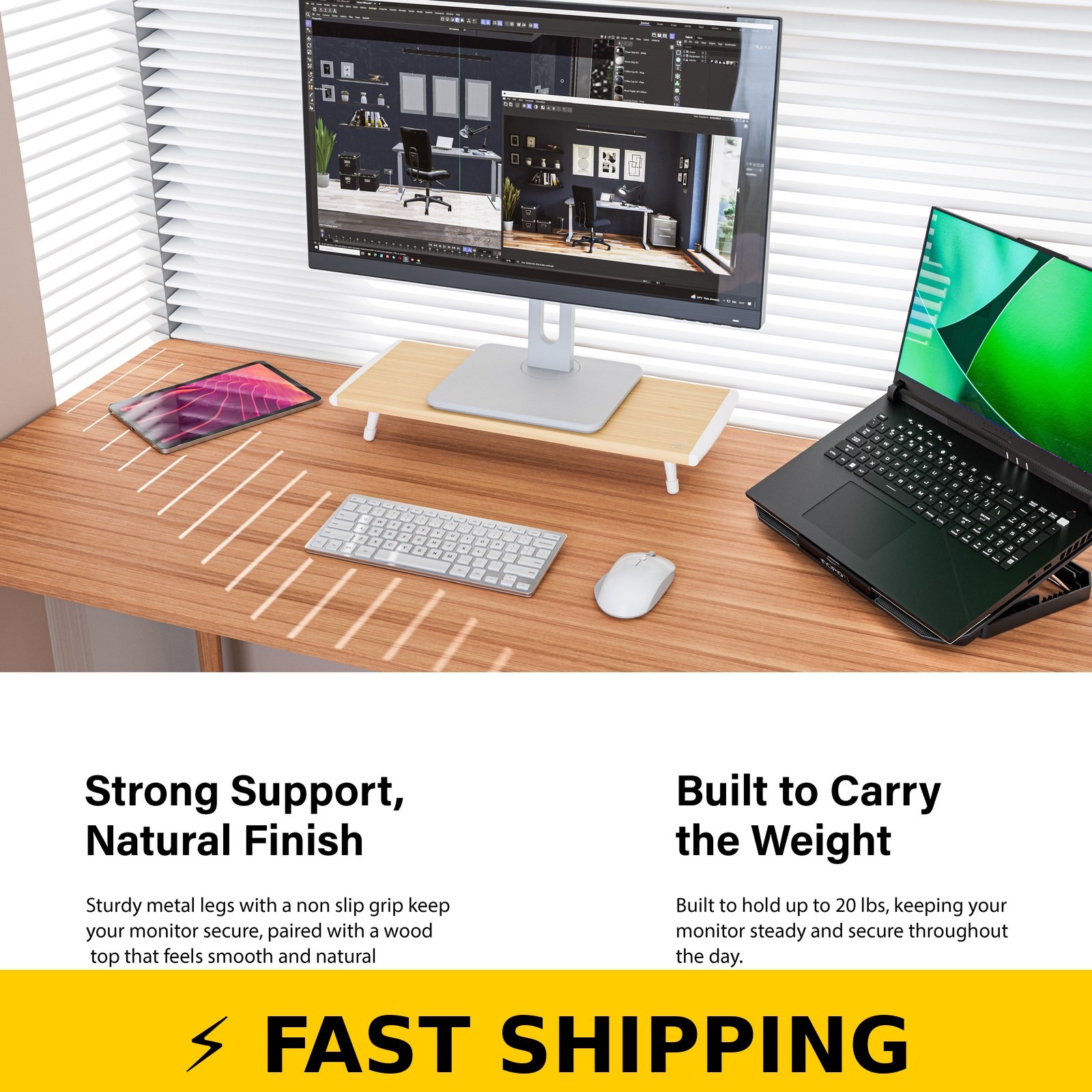 Incipio Wooden Monitor Riser Stand – Ergonomic Desk Shelf – Oak