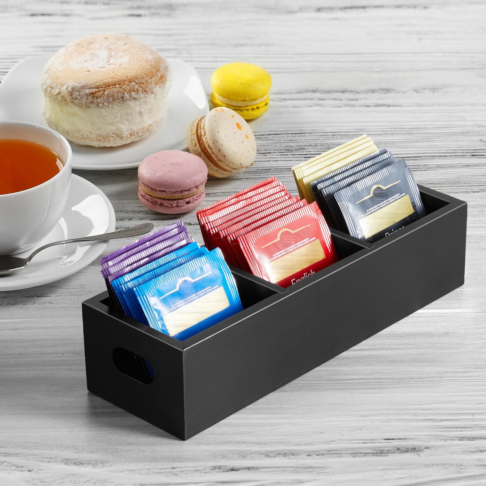 DRASTAR Tea Bag Organizer, Black Wooden Holder, 3 Slots,