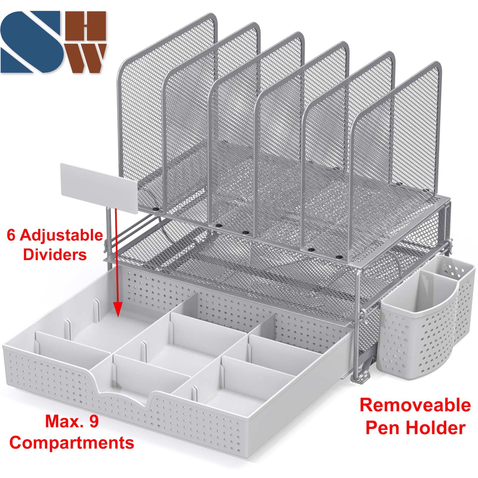 Mesh Desk Organizer with Sliding Drawer, Double Tray and 5 Upright Sections, …