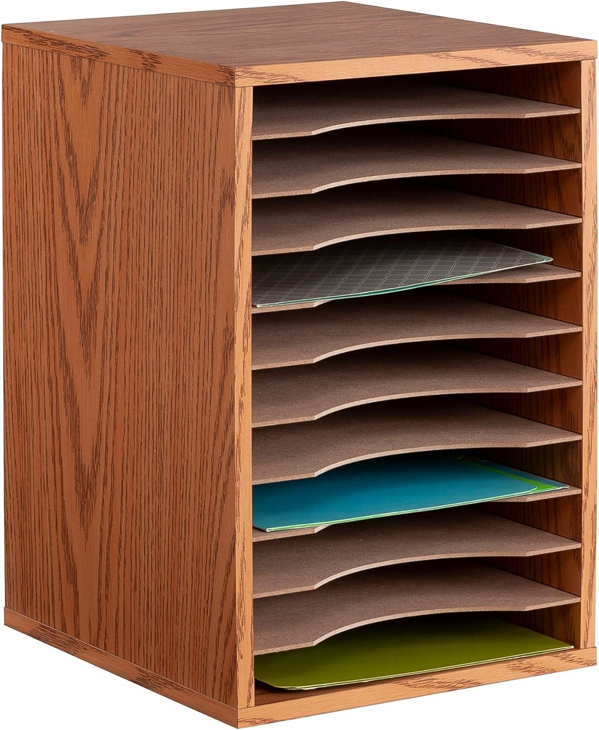 Vertical Desktop Sorter, Wooden Paper Organizer for Home Office and Medium Oak