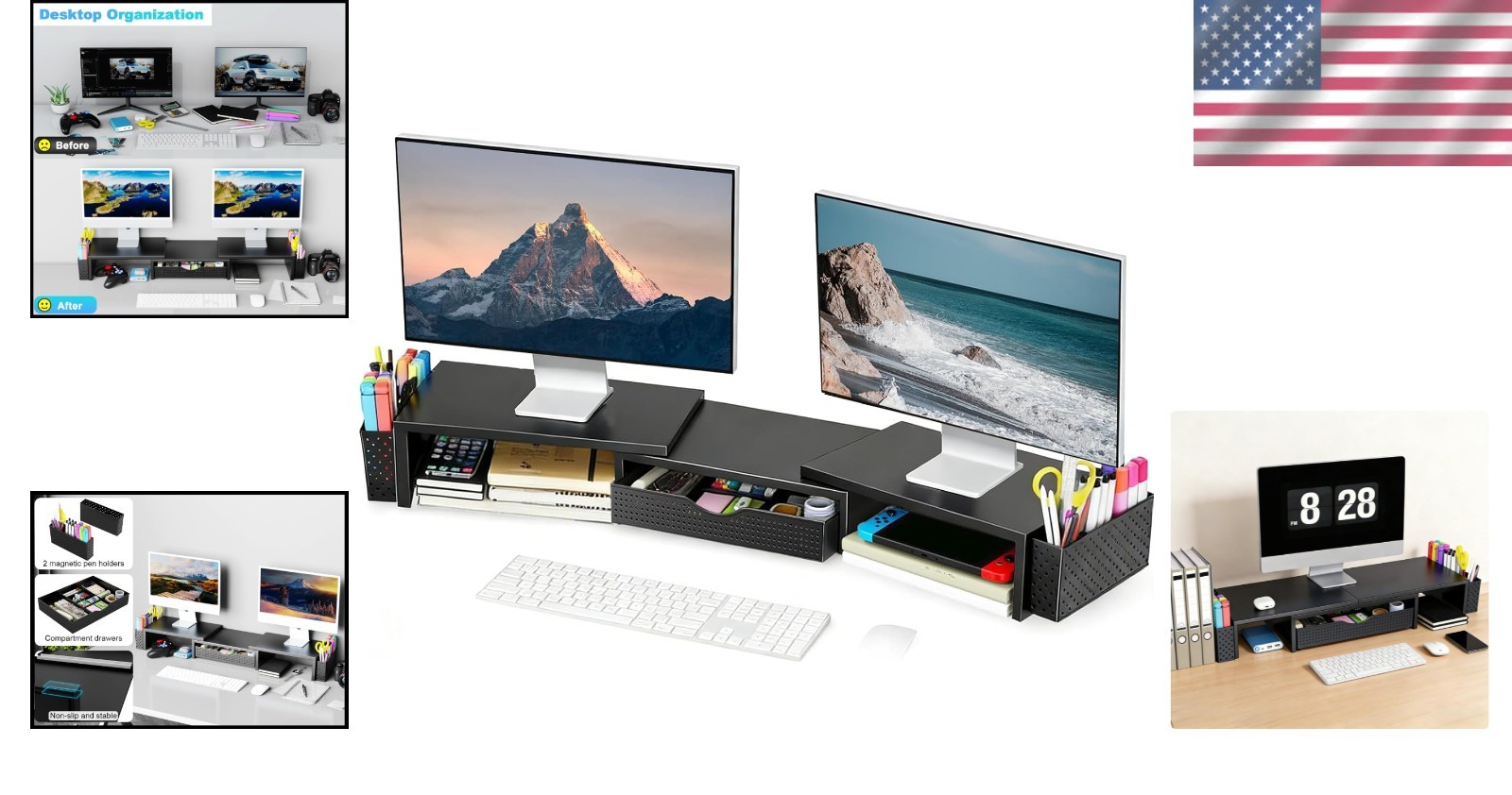 All-in-One Dual Monitor Stand Riser & Workspace Organizer – Black Metal Design