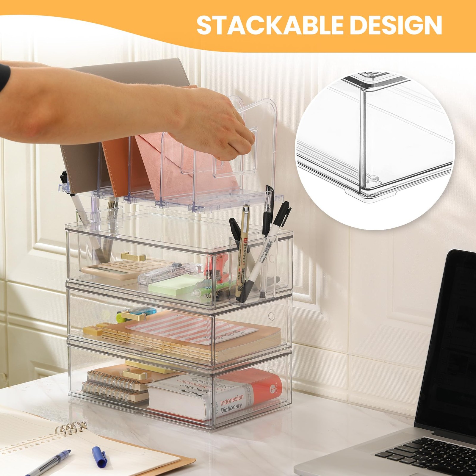 LALOBLUE Acrylic Desk Organizer with 4-Vertical File Holder 3 Layer, Clear