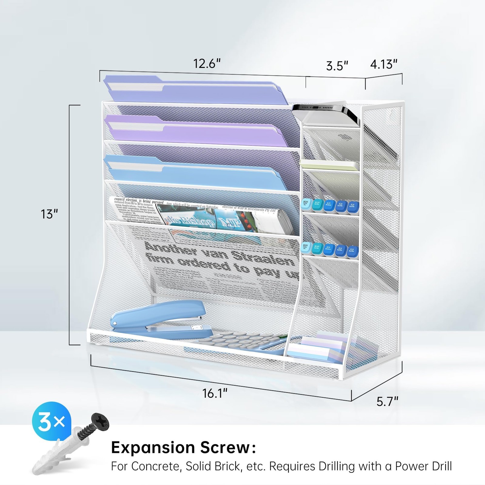 JMHUD Wall File Organizer, 5-Tier Desk Organizer with 4 Pen Slots, White
