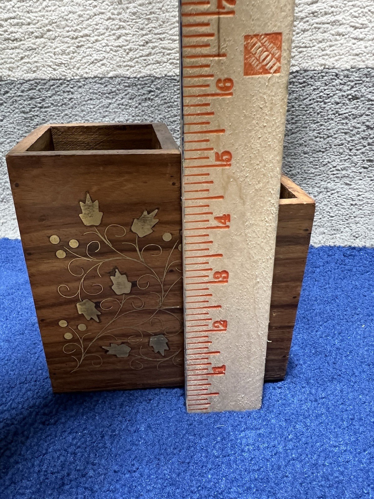 Wood Desktop Organizer 3-Compartment Pen/Pencil Holder with Leaf Inlay Design