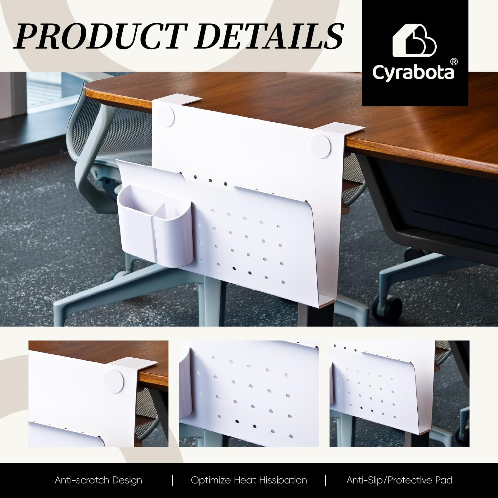 Cyrabota Under Desk Laptop Holder, No Drill 11.81 x 1.61 x 7.87 inches, White