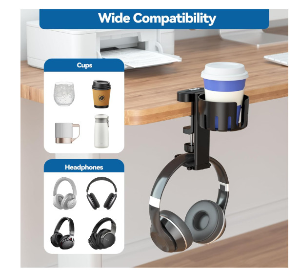 2in1 Headphone Hanger with Desk Cup Holder Under Desk Rotatable Headset Holder S
